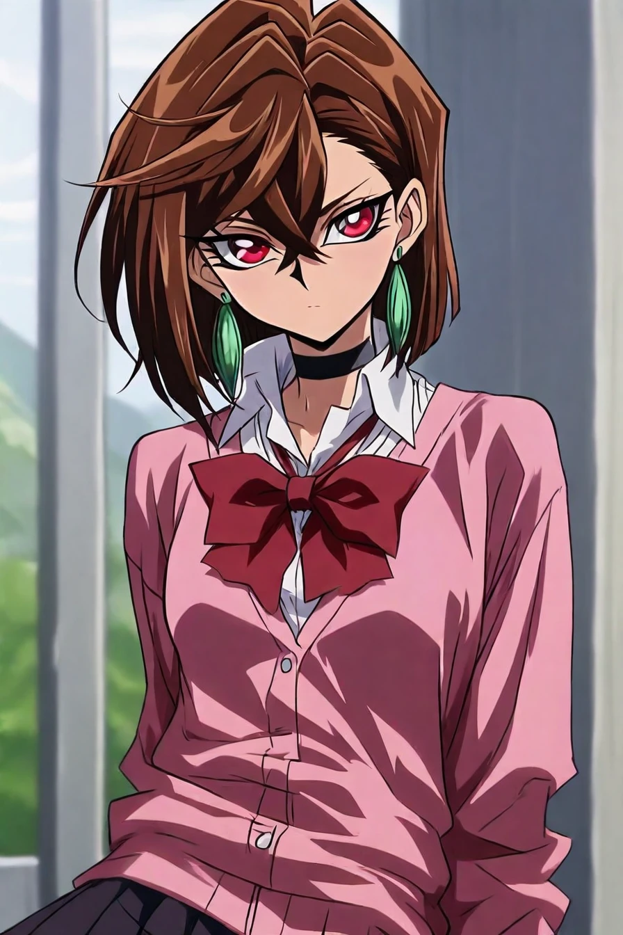 <lora:ayase_momo-koto-Illustrious v01:0.4> ayasemomo, hair between eyes, crossed bangs, green earrings, brown hair, red eyes, black choker, short hair, white shirt, red bowtie,pleated skirt,school uniform, pink cardigan, long sleeves, 1girl, solo, alone, <lora:yu_gi_oh_style_illustriousXL-000015:1>, yugioh_style, masterpiece, highres
