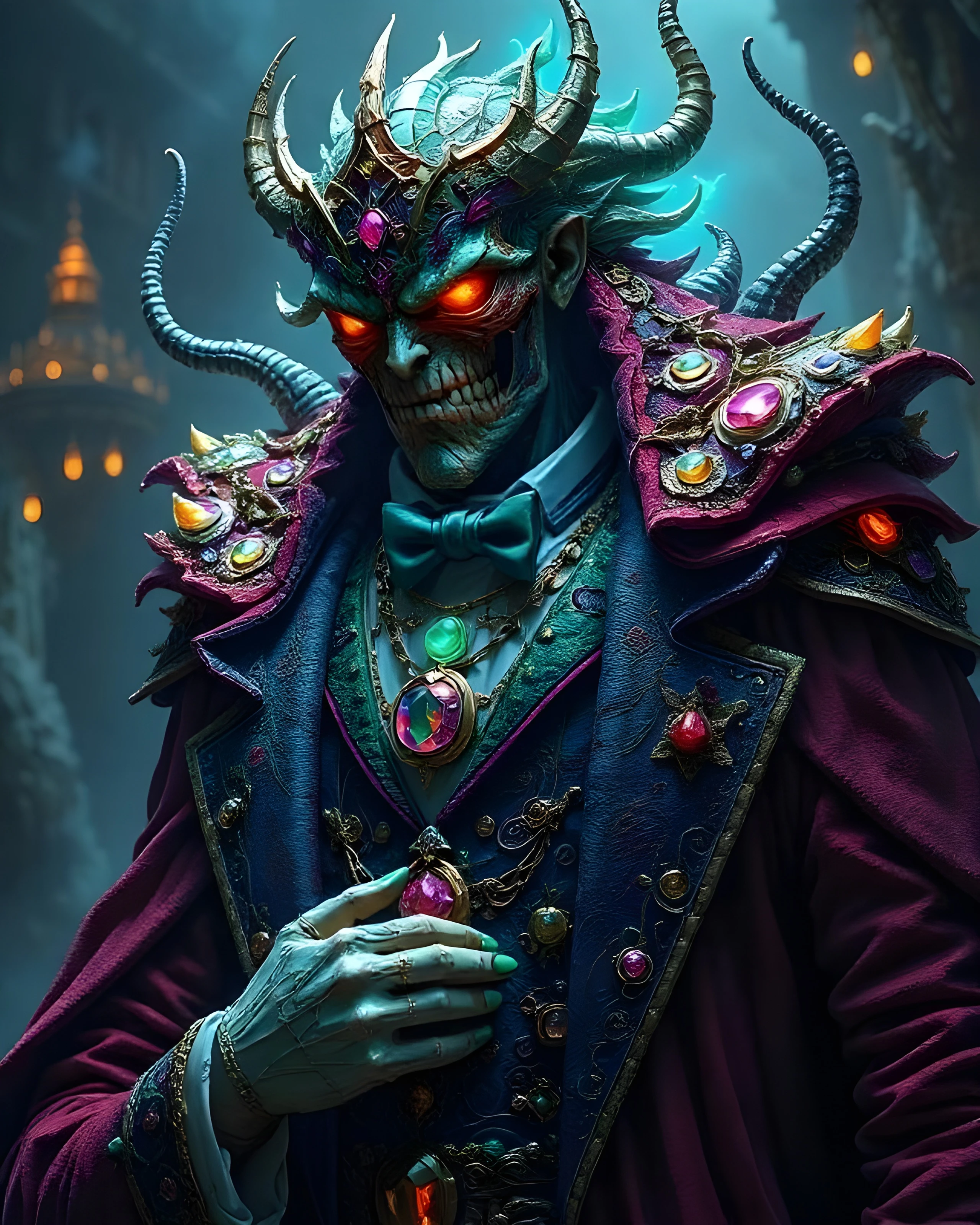 A fantastical character stands prominently, showcasing an ornate outfit adorned with colorful, jewel-like decorations. The figure has a skeletal face with glowing orange eyes and is crowned with twisted horns. The clothing features a rich purple fabric, layered with intricate details and vibrant gems. The character's hands, with skeletal fingers, are elegantly posed, displaying ornate rings. A mystical, shadowy background enhances the enchanting and ominous atmosphere.