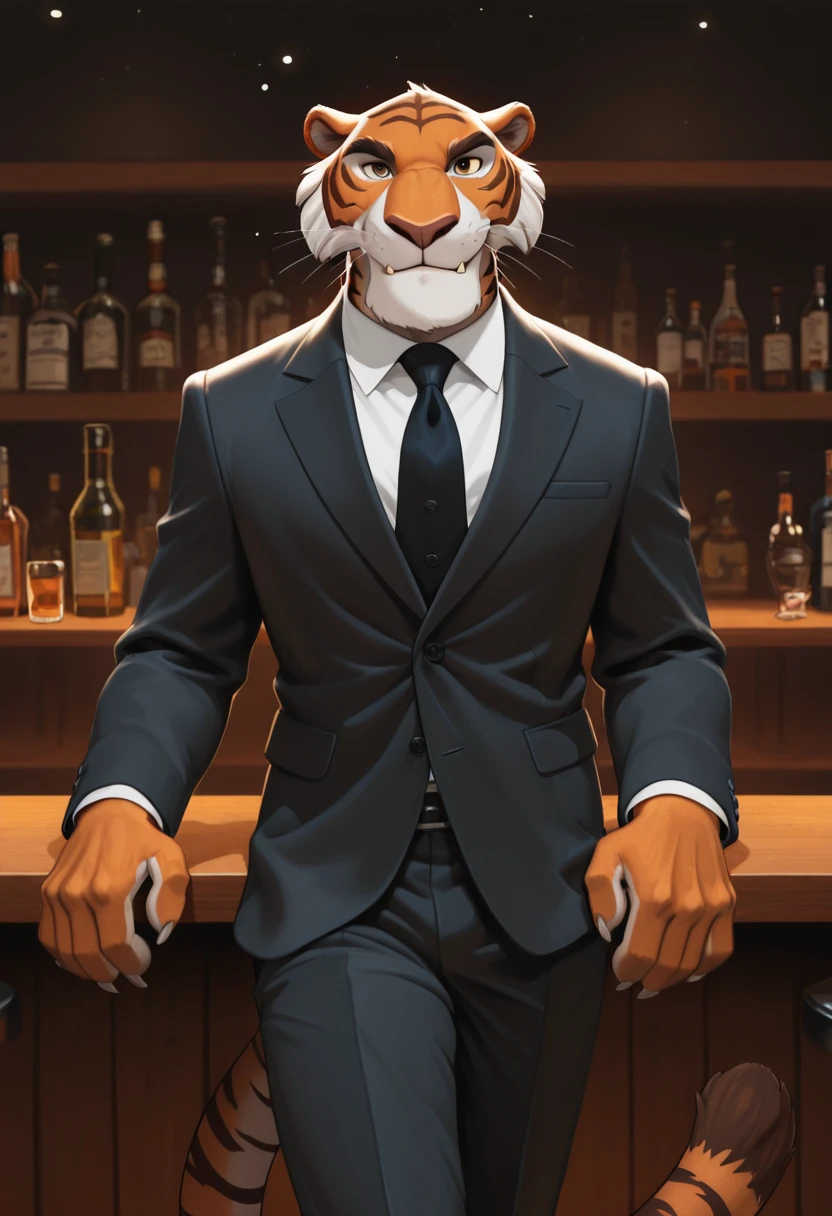 masterpiece, high detailed skin, best quality, high res, very aesthetic, eleptorstyle,
(solo),
(shere_khan:1.4, male anthro tiger), fangs, claws, brown eyes. tail, talespin, (male:1.4),
 <lora:Shere_Khan_Talespin:0.6>
night club, at the bar,
wearing a black suit, cocky smile, waking toward viewer,
<lora:noobXL-realistic-V2.1:0.4>
<lora:KFT_Furropean_Extreme_IL:0.2>
<lora:afkJourneyIllustrious2:0.2>
<lora:Smooth_Booster_v3:0.2>