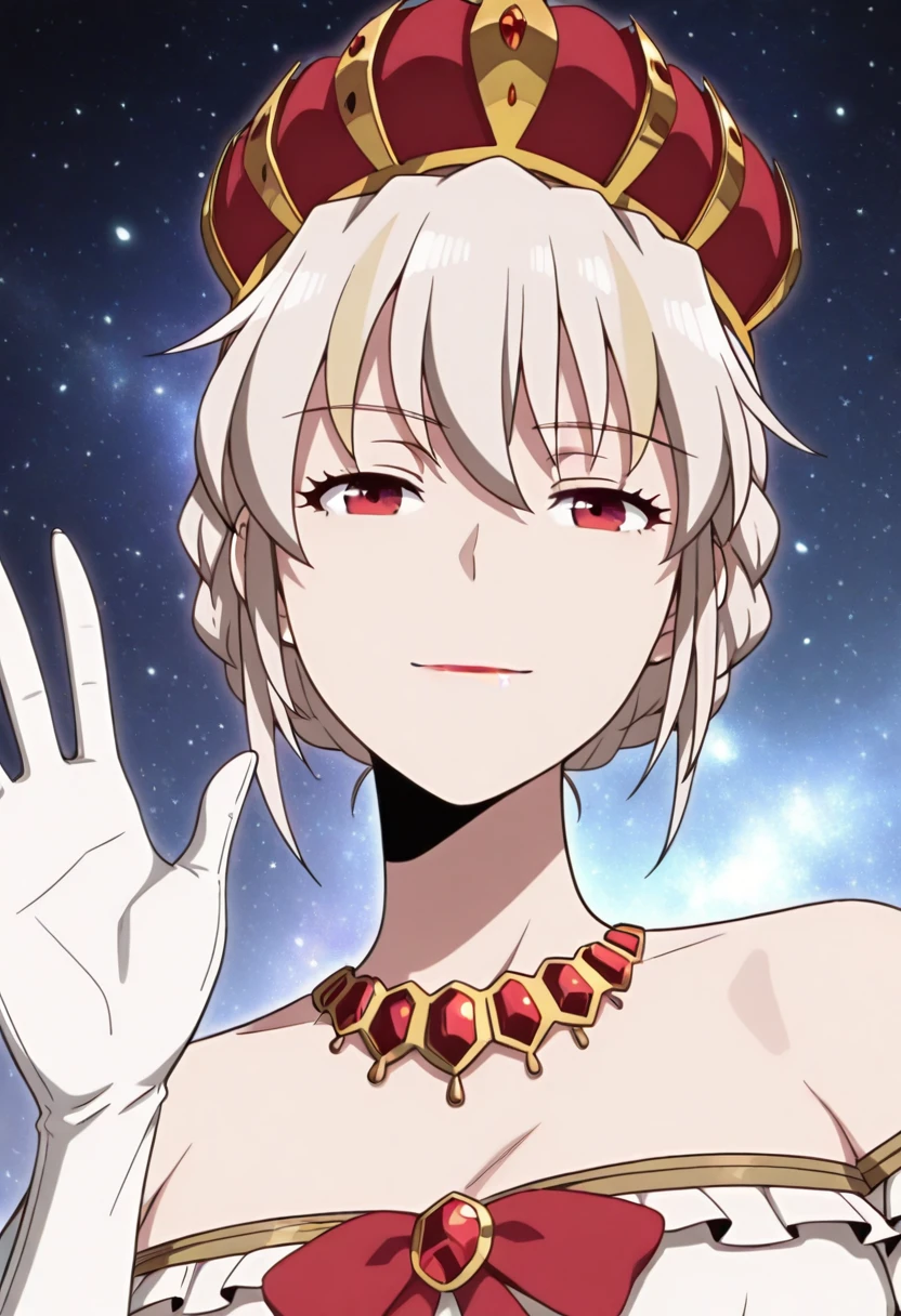 masterpiece,best quality,(waving at viewer:1.3),galaxy background,light particles,light smile,cosmic background,portrait,no building,facing viewer,solo,<lora:Elizabeth:1>,solo,1girl,short hair,white hair,braided hair,bun hair,two-tone hair,blonde streaks,red eyes,crown,royal,queen,long dress,white dress,layered shoulder,bare shoulder,detached sleeves,pink inner dress,puff sleeves,long gloves,red bow,red necklace,red jewelry,gold trim,no cape,