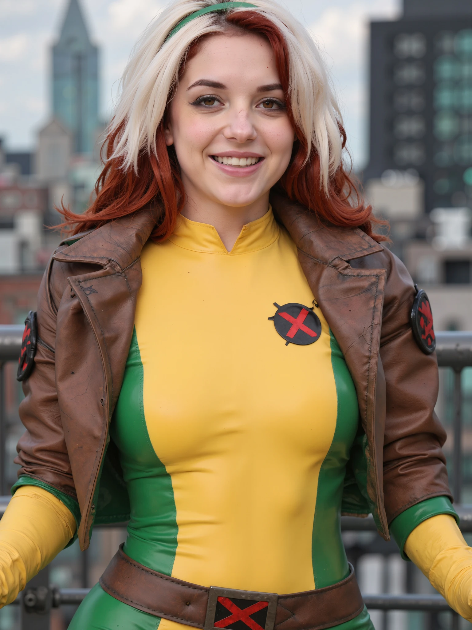 20 year old woman, 1girl, solo, red and white hair, perfect skin, Feathered mop hairstyle, multi-colored hair, on new york rooftop, she is wearing green headband, yellow and green latex bodysuit, brown leather jacket, yellow gloves with folded cuffs, brown belt with buckle, yellow knee-high boots with bands, smile, sleeves pushed up, makeup, looking at viewer