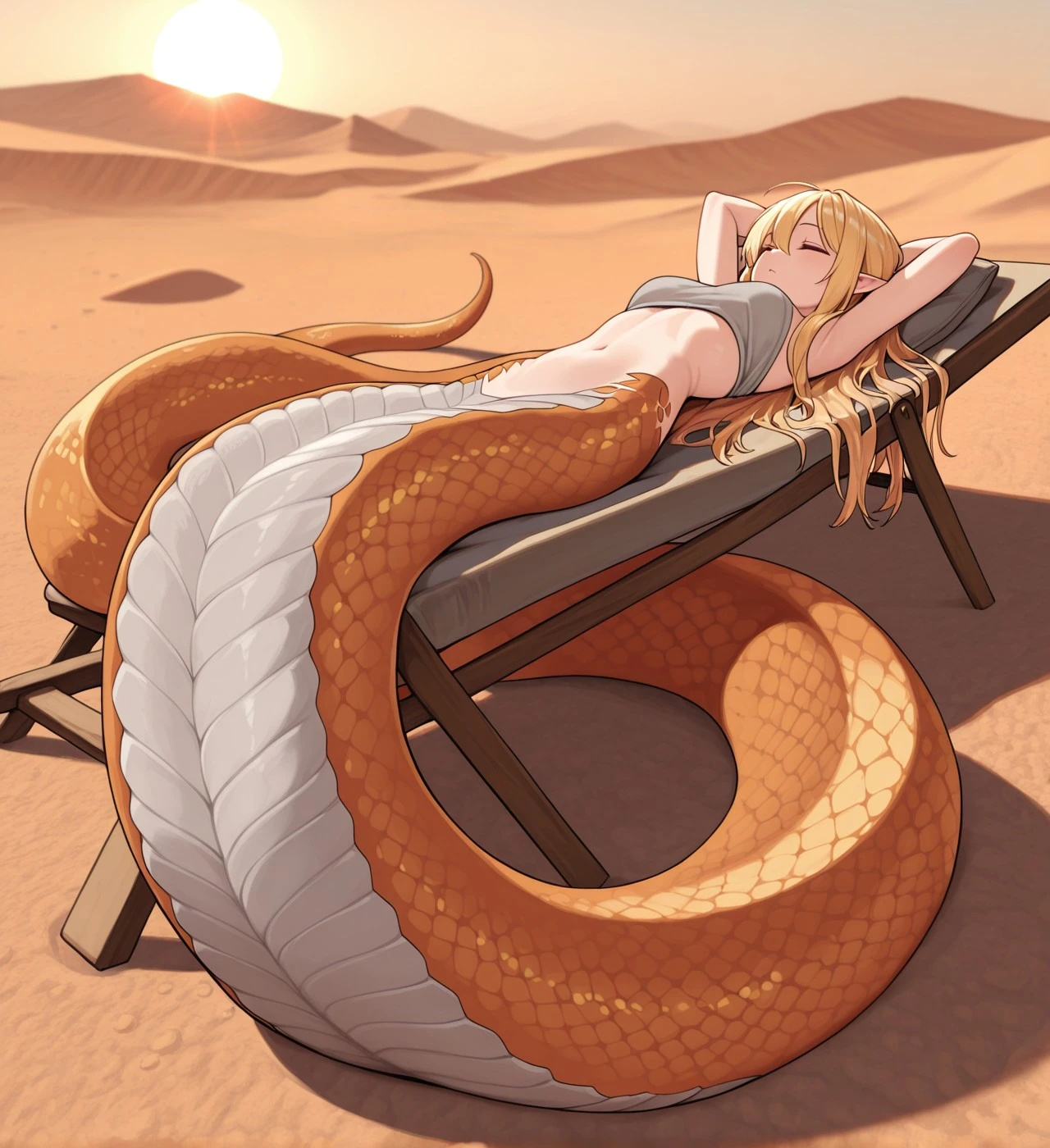 masterpiece, best quality, amazing quality, perfect face, 1girl, Lamia, blonde hair, long hair, pointy ears, orange tail, grey underside, desert, lying, on back, sun lounger, sleeping, arms behind head, full body, from side, sun <lora:MGE_V6_1_IL_Final_R1:1.0>