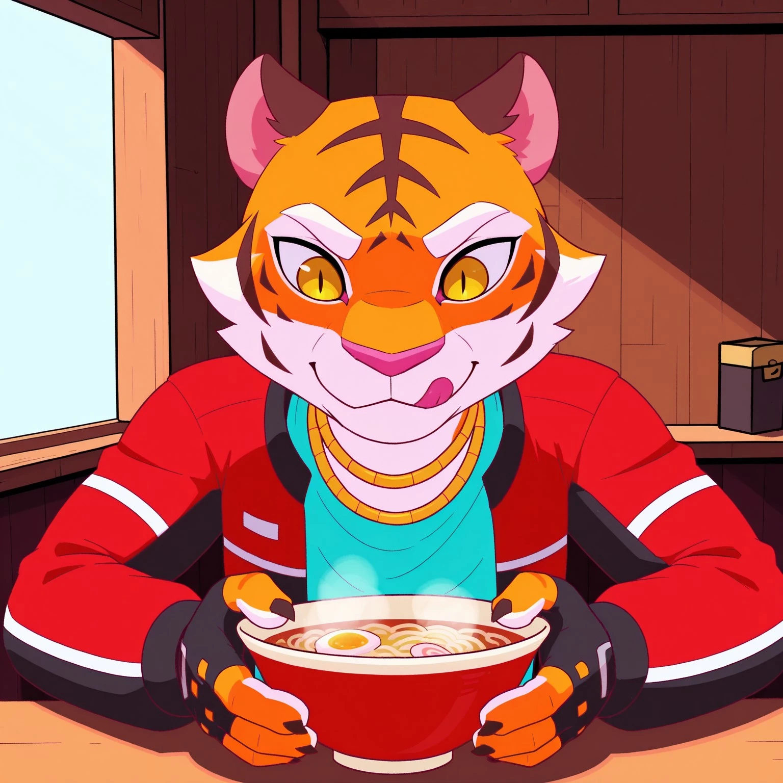 uncensored, masterpiece, best quality, highly detailed, realistic, 1girl, solo, SableFF, furry female, anthro, felid, tiger, pink inner ear, cheek tuft, white eyebrows, yellow eyes, black pupils, slit pupils, pink nose, orange fur, , red and black jacket, multicolored jacket, gold necklace, light-blue shirt, black fingerless gloves, sitting, ramen shop, steam from ramen bowl, indoors, holding bowl with both hands, detailed background, front view, 4 fingers, black claws, front view, close-up, face focus, happy, licking lips, looking down, wide eyes, surprised, closed mouth