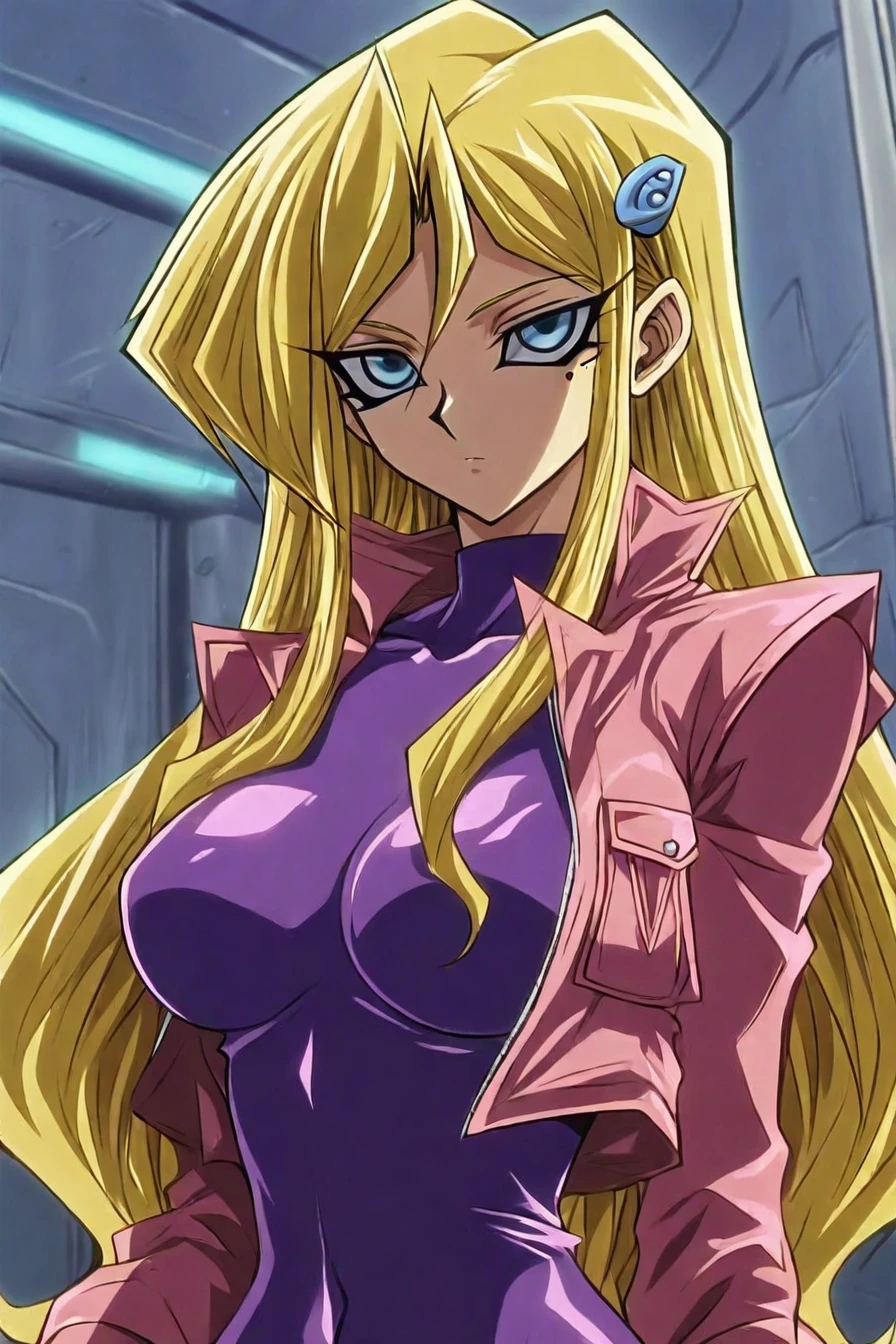 fuurinji miu, blonde hair, long hair, blue eyes, mole under right eyes, slim waist, large breast, pink jacket, purple bodysuit, hairclip, 1girl, solo, alone,  <lora:yu_gi_oh_style_illustriousXL-000015:1>, yugioh_style, masterpiece, highres