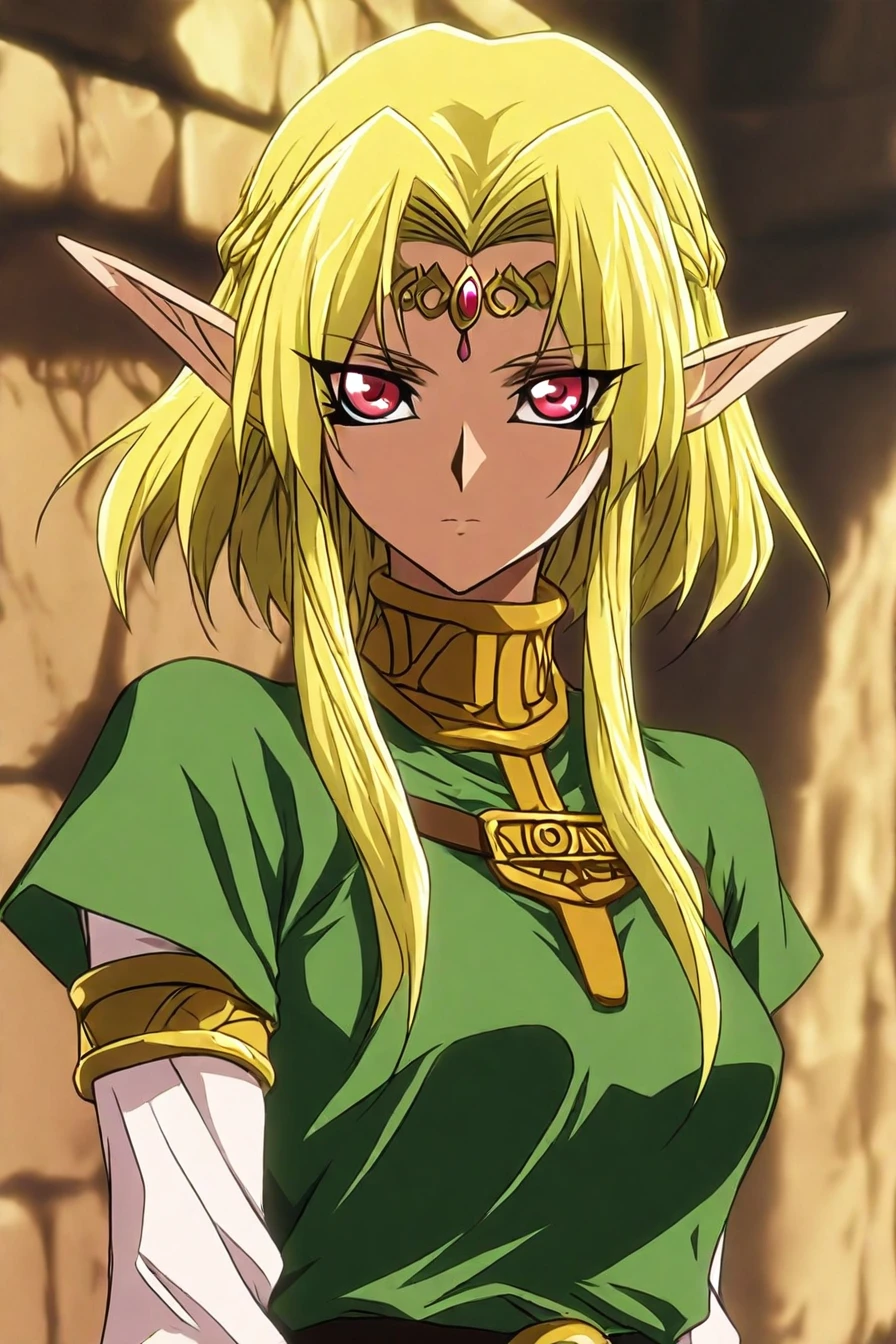 1girl, solo, alone, elf, pointy ears, <lora:yu_gi_oh_style_illustriousXL-000015:1>, yugioh_style, masterpiece, highres
