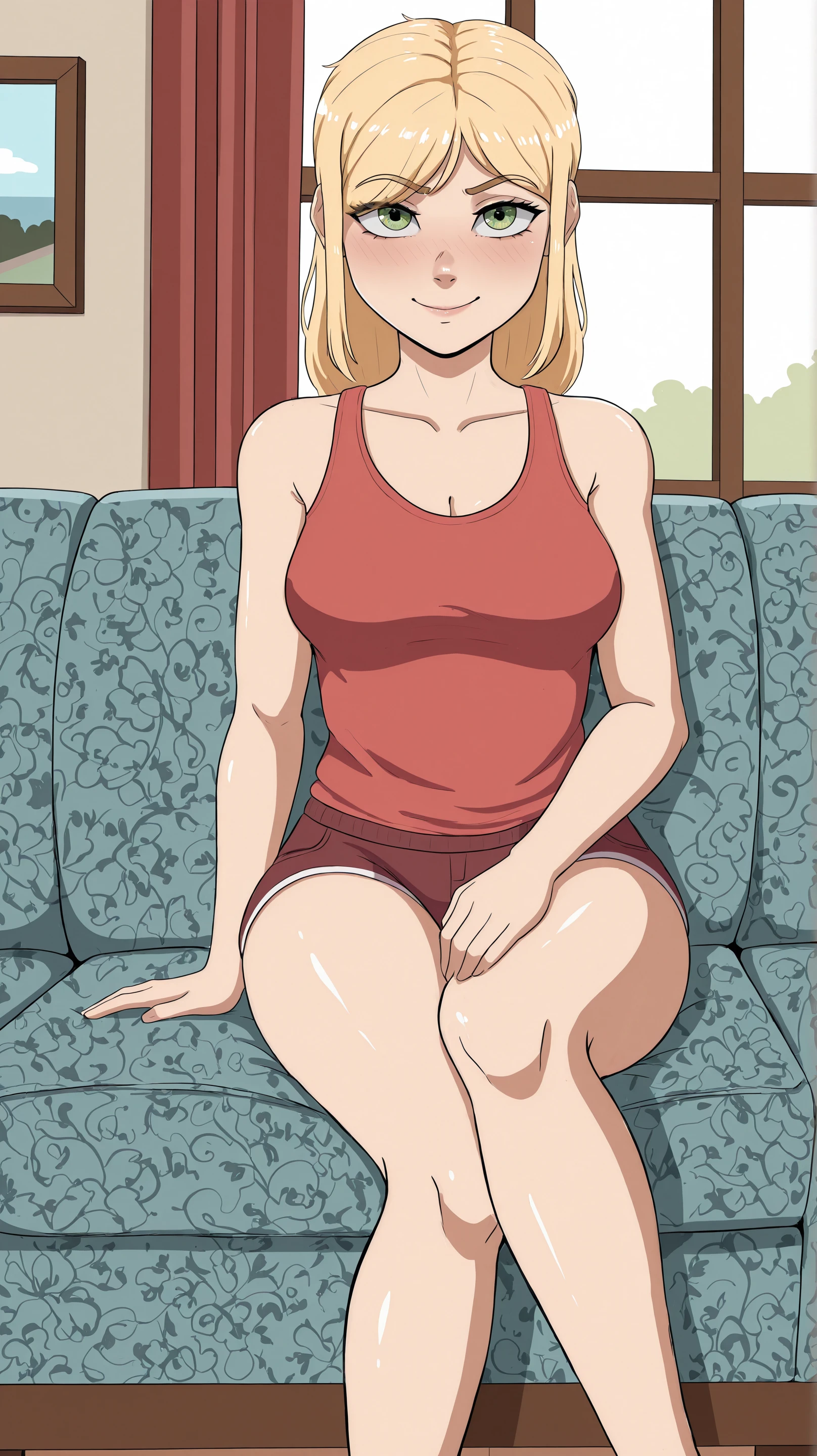 (huge tits), (( rob)),((green sports bra)), fullbody, cleavage, good anatomy, masterpiece, best quality, 4k, 8k, professional photography, soft light, sharp focus, 1 girl, blonde hair, at bedroom, blonde hair, parted banks, detailed face+brown eyes, open lips, lipstick,((deep navel show)),toned midriff , full body shot,front view photoshoot,sports bra,abs:1.5