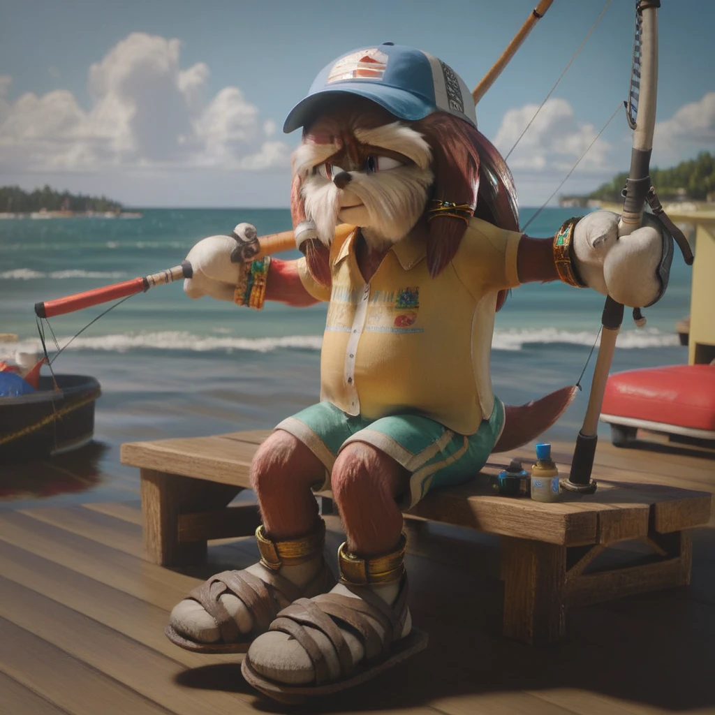 score_9, score_8_up, score_7_up, (best quality), ultra-detailed, high resolution, 8k, Pachacamac, elderly furry male, anthro echidna, 3d, cgi, photorealistic, full body, outside, sitting on pier, summer, waves, blue hat, yellow shirt, khaki shorts, sandals, holding a fishing rod