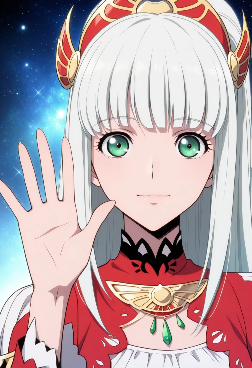 masterpiece,best quality,
<lora:Lailh_V1:0.8>,purelailh,1girl,white long hair,green eyes,red and white fantasy dress,gold trim,high collar,chest cutout,off-shoulder,detached sleeves,ornamental long dress,elegant,symmetrical,
(waving at viewer:1.3),galaxy background,light particles,light smile,cosmic background,portrait,no building,facing viewer,solo,