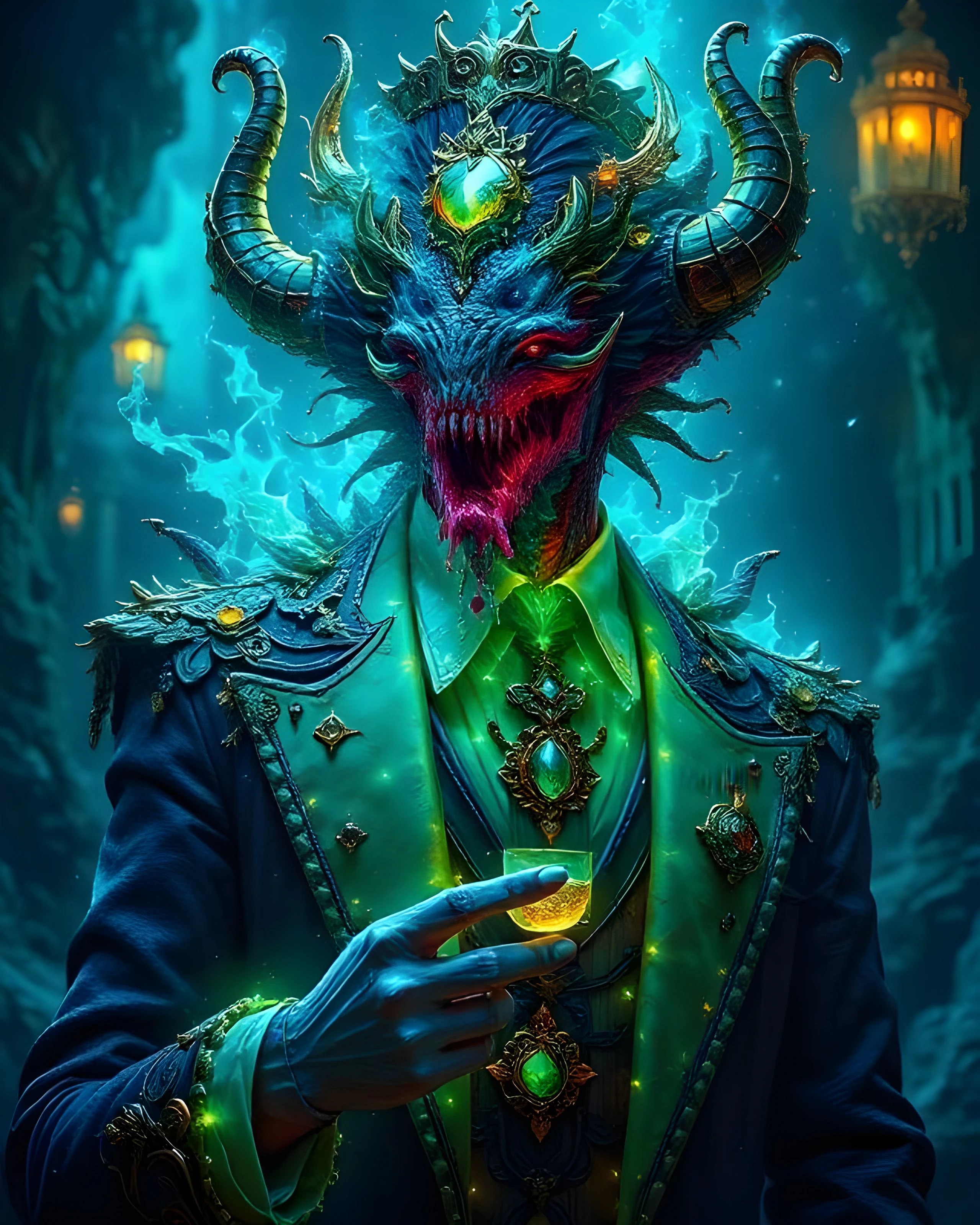 A fantastical figure with a dragon-like head featuring prominent horns and vibrant scales in shades of blue and red. Dressed in an ornate, dark blue suit adorned with intricate golden details and colorful gemstones, the character exudes an otherworldly charm. In one hand, it holds a small glass filled with a golden liquid, while ethereal wisps of blue-green energy swirl around, set against a dimly lit, mystical backdrop with faint lanterns illuminating the scene.