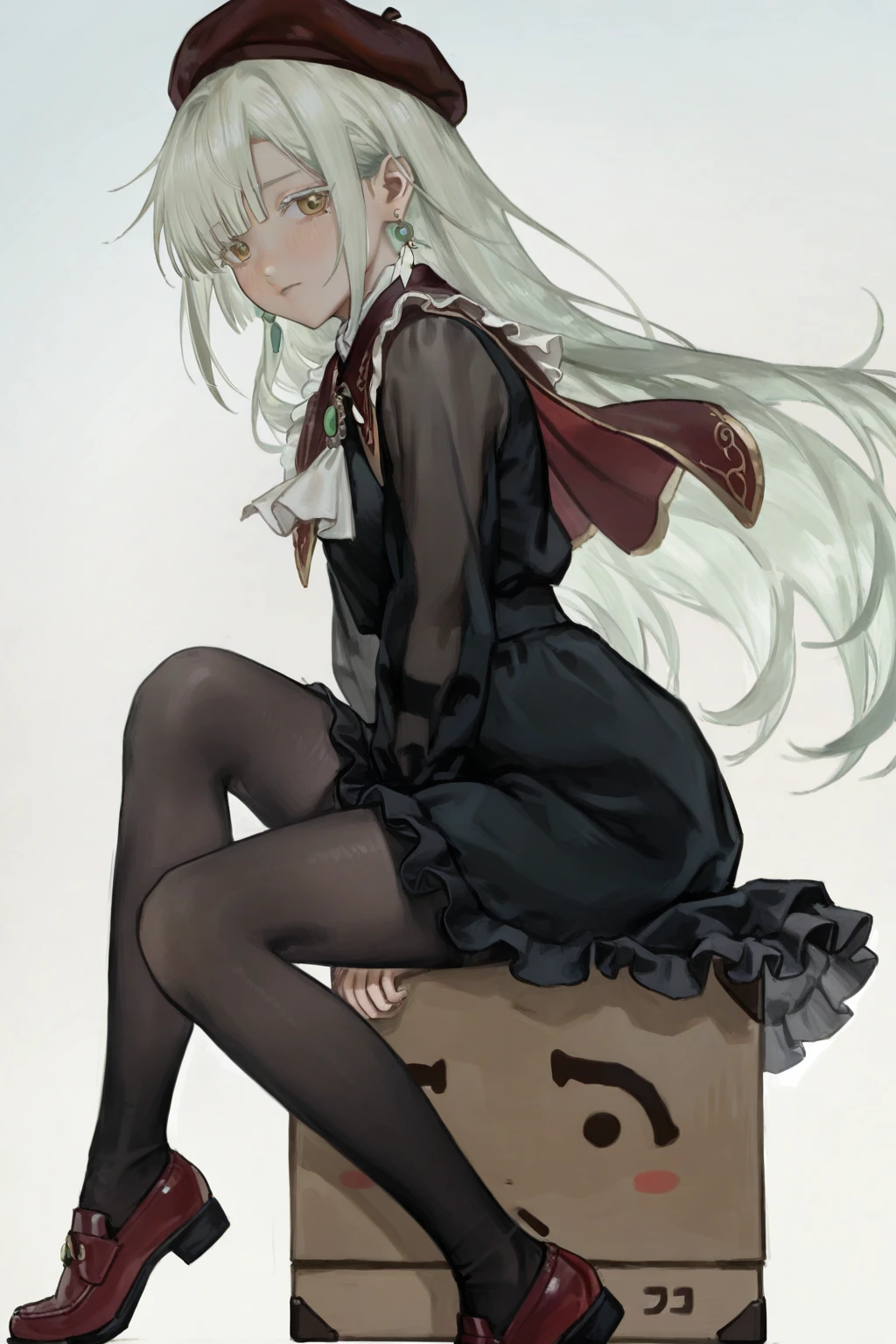 highres,absurdres,very awa,masterpiece,best quality,year 2024,newest,<lora:Solipsist-Style:1>,
\\,
1girl,(wakaba mutsumi:1.6),simple background,solo,sitting,full body,from side,looking_at_viewer,sitting on the box,high_box,aerial,puffy long sleeves,see-through sleeves,frills,capelet,green hair,yellow eyes,dark red headwear,beret,black dress,black pantyhose,skirt,shorts,shirt,jewelry,ascot,brooch,drop earring,black earrings,dark red footwear,gold trim,straight_hair,white_eyelashes,wind_lift,