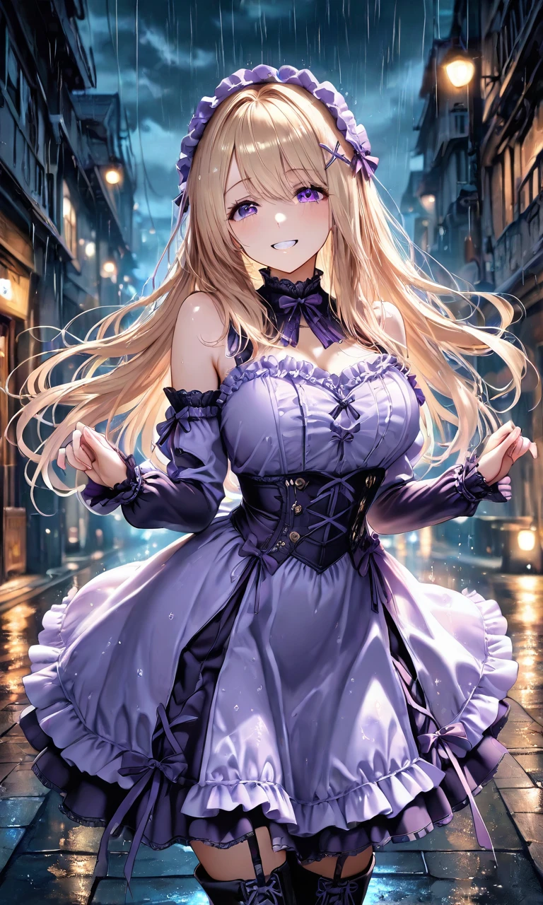 masterpiece, newest, absurdres, cute, lovely, (best quality:1.3), best quality, (amazing quality:1.3), very aesthetic, high resolution, 1girl, solo, purple eyes, high gradient eyes, wide waist, big breasts, sagging_breasts, blonde_and_yellow hair, long hair, multicolored hair, gradient hair, very cute, cute details, cute colors, skinny, seducing viewer, very excited, BREAK, light purple gothic dress with ribbon,headdress, x hairpin,chocker with ruby,thigh high garters,Platform high heel boots,thighhigh,detached sleeves, :3, (grin),(in the night, rainy),cloud,(in dark sidewalk:1.2),(dark surroundings:1.3),faint light,cinematic lighting,leaning back,leaning to the side,free pose,delicate skin texture,fair skin,delicate face,bright tones,wind,light particles,light, bright tones,motion lines,delicate details,movie lighting,dynamic graphics,special movements,dynamic poses,action poses,dynamic movements,(Illustration: 1.2),(8K Wallpaper),soft colors,clear line,soft,colorful,(upper body:1.3),close up, portrait