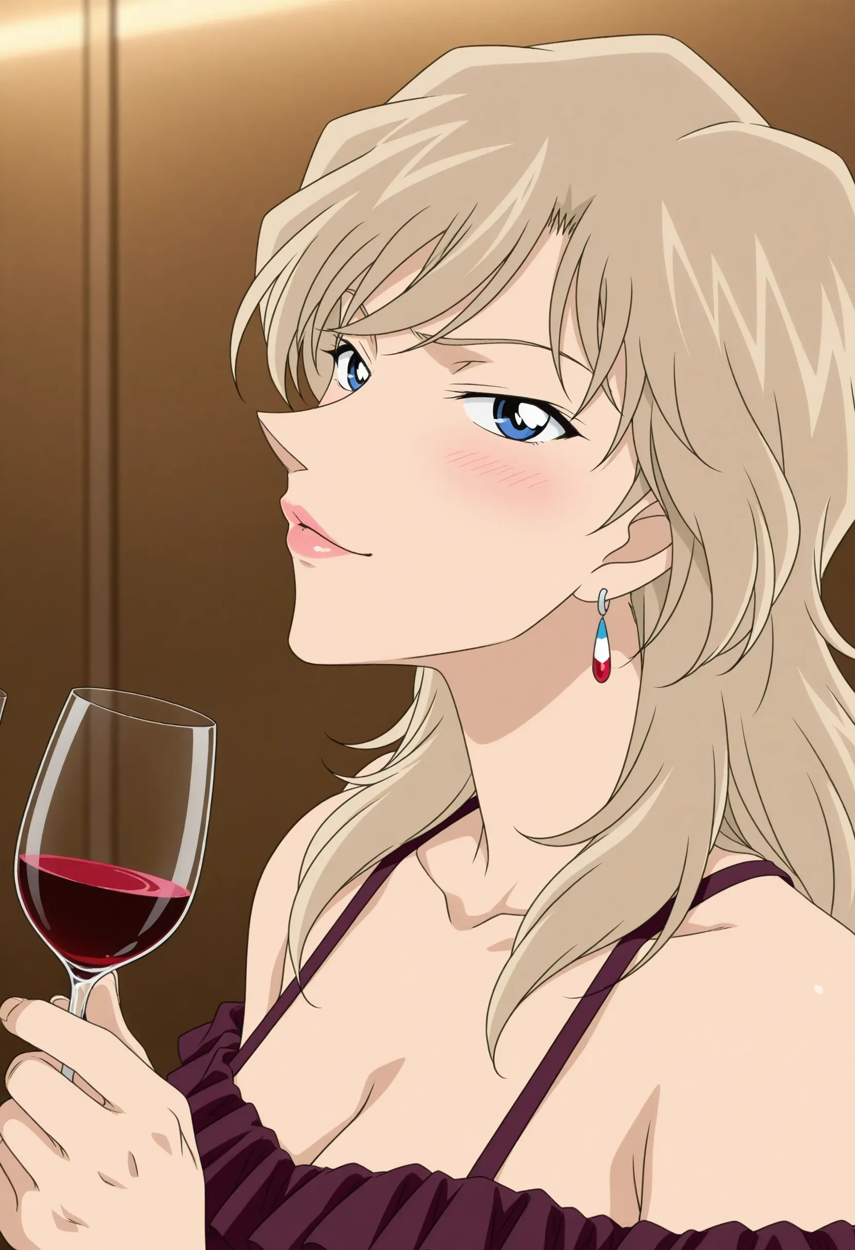 1girl,solo,masterpiece,best quality,anime screenshot, anime coloring, (meitantei conan:0.4),
<lora:akimoto_saeko_conan_v1_IL:1>,akimoto saeko,light blonde hair,long hair,tsurime,collarbone, wavy hair,bare shoulders,dark purple dress, frilled dress,two-tone earrings,cleavage,half-closed eyes,
upper body, portrait, profile, holding wine glass, facing up,smirk, puckered lips,bar,looking at viewer, blush, closed mouth, <lora:NoobV065sHyperDmd:1>