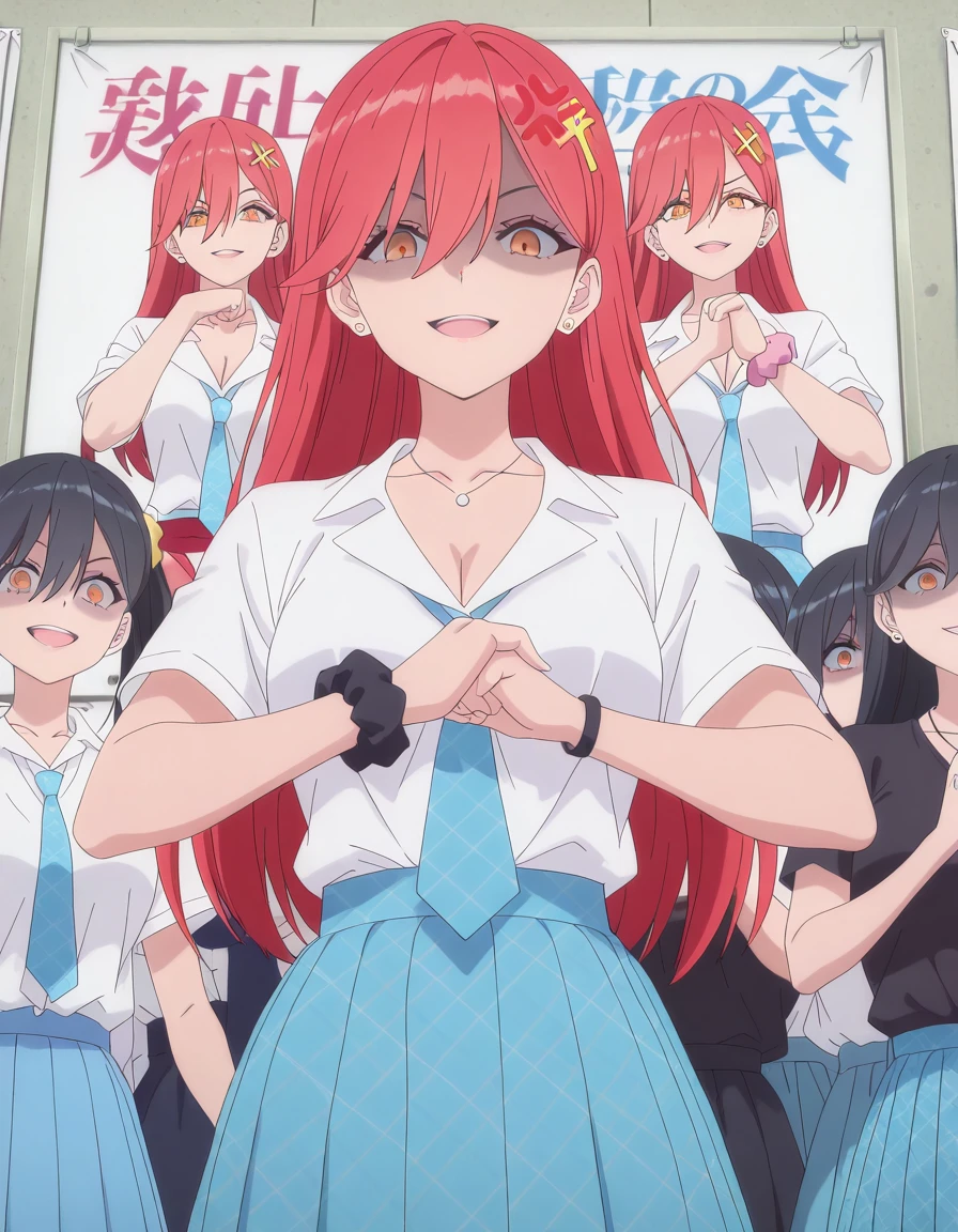 masterpiece, best quality, amazing quality,, <lora:aria-kisaki-s1-illustriousxl-lora-nochekaiser:1>, aria kisaki, long hair, hair ornament, red hair, mature female, medium breasts, anime screencap, skirt, shirt, cleavage, jewelry, collarbone, white shirt, short sleeves, pleated skirt, earrings, necktie, collared shirt, necklace, blue skirt, plaid, plaid skirt, scrunchie, blue necktie, wrist scrunchie, gyaru,, <lora:cracking-knuckles-illustriousxl-lora-nochekaiser:1>, cracking knuckles, shaded face, open mouth, looking at viewer, looking down, fist in hand, own hands together, anger vein, false smile,, convention, crowd, booths, posters, event, cowboy shot, solo, looking at viewer,