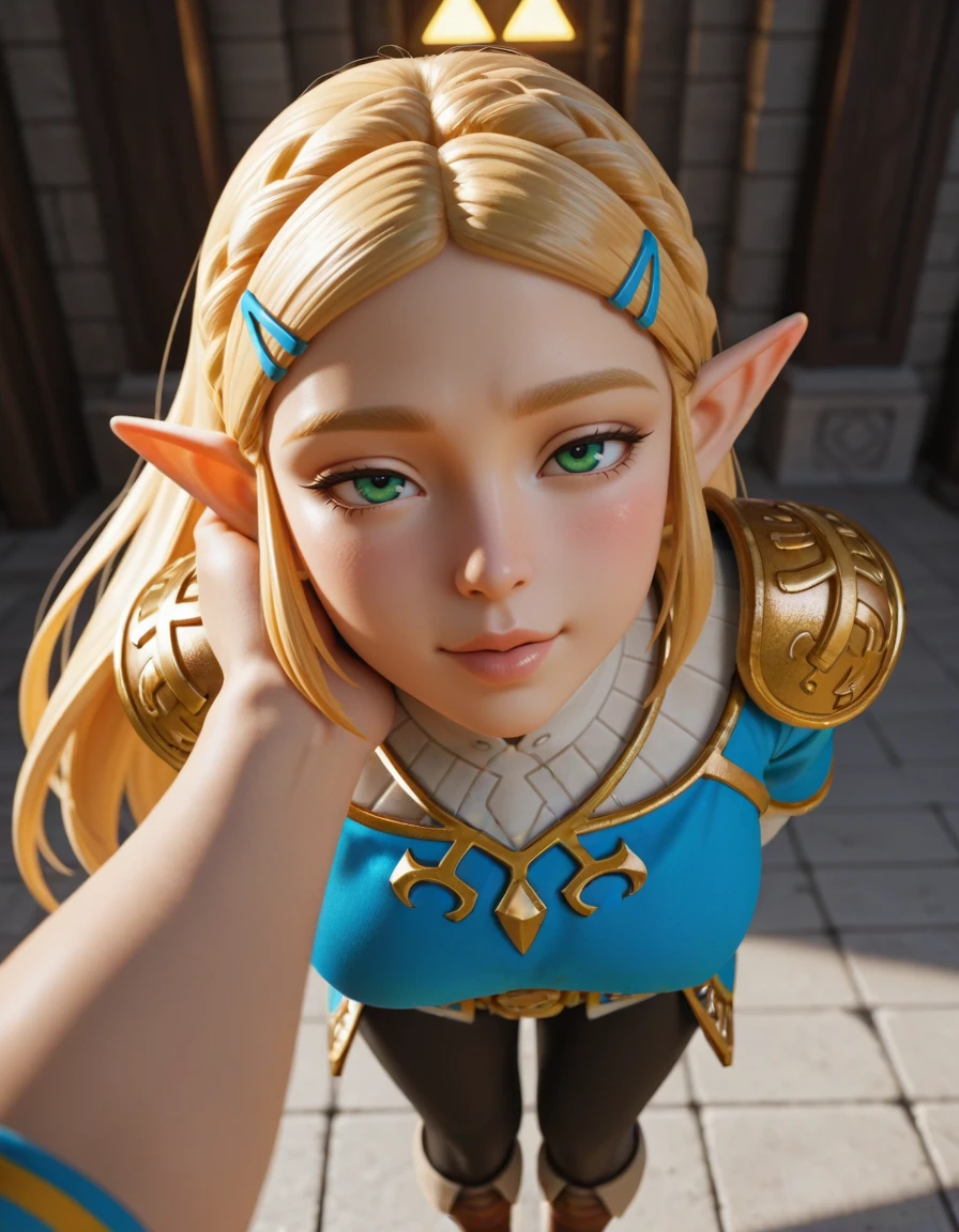 <lora:dmd2_sdxl_4step_lora_fp16:0.7> masterpiece, ultra quality, 1girl,princess zelda, fantasy princess in a form-fitting royal tunic with gold embroidery and shoulder armor, tight leggings and knee-high boots, flowing blonde hair, standing with hands behind her back and looking over her shoulder, soft smirk, leaning forward, pov, imminent kiss, puckered lips, narrowed eyes, blush, glowing Triforce in the background, stylized 3d animation, cinematic fantasy lighting, close-up