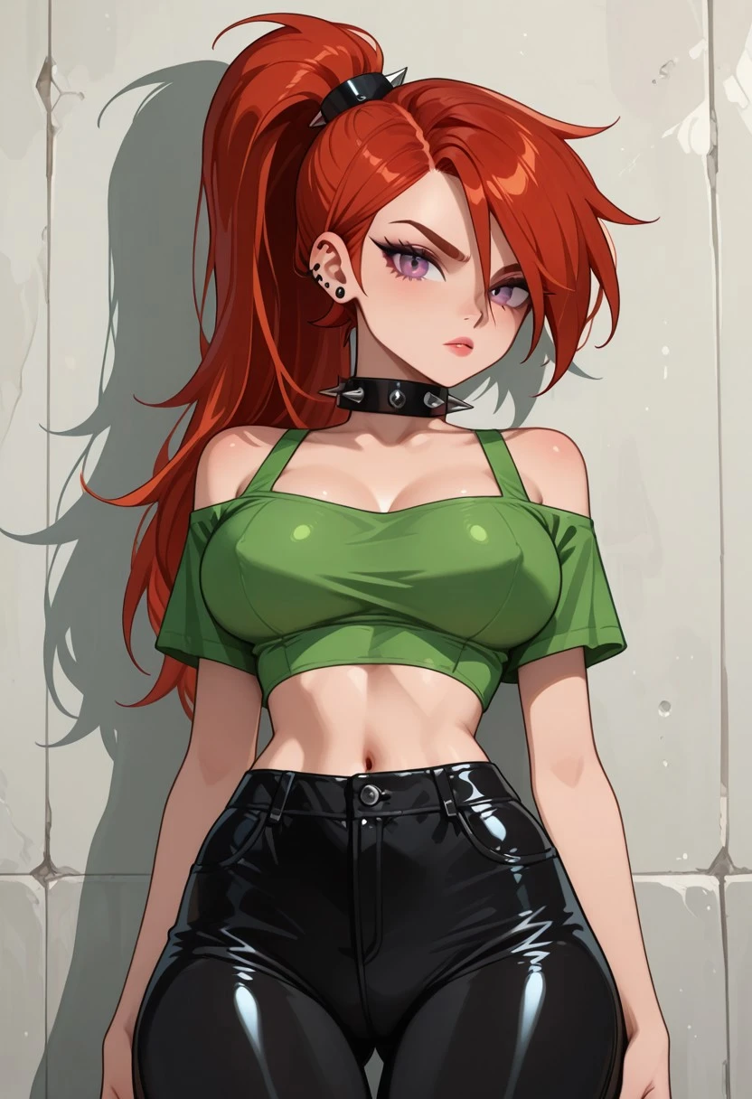 1girl, solo, Vicky, red hair, ponytail, long hair, Green micro crop top, black pants, midriff, spiked collar,