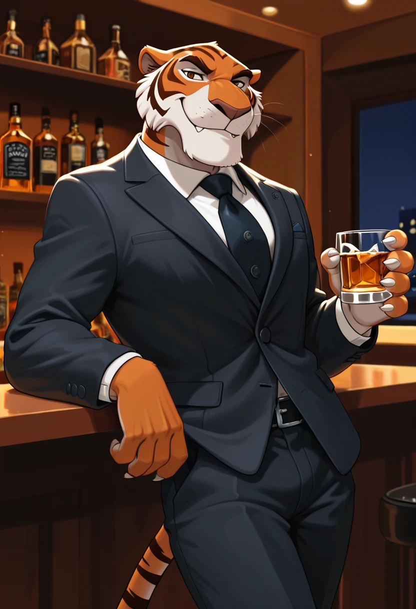 masterpiece, high detailed skin, best quality, high res, very aesthetic, eleptorstyle,
(solo),
(shere_khan:1.4, male anthro tiger), fangs, claws, brown eyes. tail, talespin, (male:1.4),
<lora:Shere_Khan_Talespin:0.6>
night club, at the bar,
wearing a black suit, arrogant smirk, holding a whiskey glass,