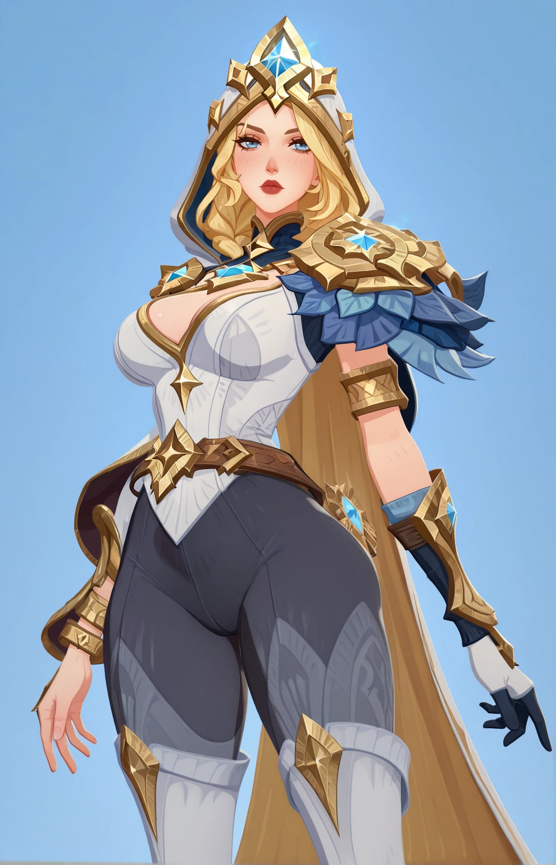 masterpiece, best quality, amazing quality, absurdres,
, , , <lora:afkJourneyIllustrious2:1.2> afkJourneyStyle, , hot, <lora:Freljord Ashe-e100_s1000:1> Freljord_Ashe, blonde hair, blue eyes, white hooded cloak, gold trim, golden crown, white and gold , single sleeve, golden arm guards, black pantyhose, white gloves, gold bracelets, blue tattos, white thigh-high boots,