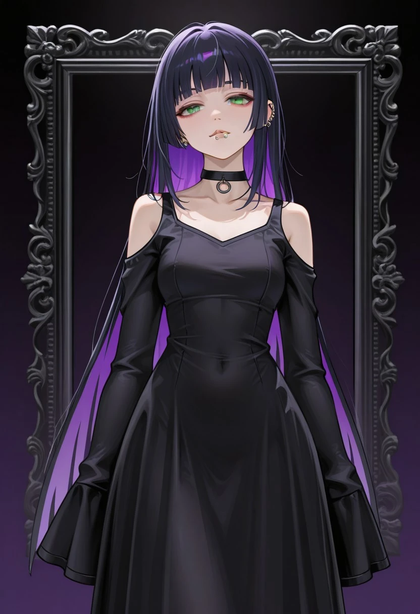 moonface, character portrait, 1girl, ear piercing, lip piercing, chin piercing, colored inner hair, black hair, purple hair, hime cut, blunt ends, medium bangs, green eyes, long dress, black dress, shoulder cutout, sleeves past fingers, black choker, bare shoulders, black sleeves, choker, clothing cutout, detached sleeves, dress, gothic, shoulder cutout, sleeves past wrists, very long sleeves