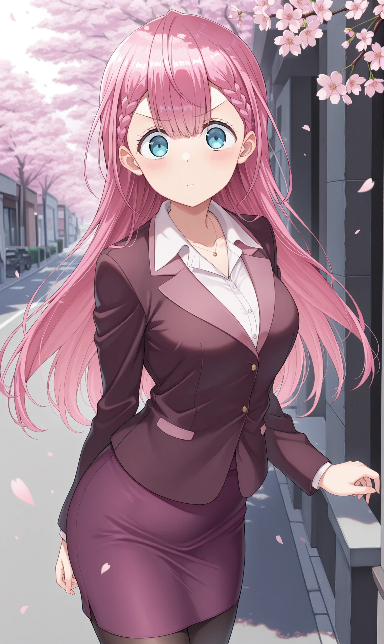 1girl, solo, masterpiece, best quality, amazing quality, street, cherry blossoms, looking at viewer,   <lora:mafuyu_kirisu_illust_scarxzys:1>, kirisu mafuyu, very long hair, pink hair, braid, blue eyes, shirt, collared shirt, jacket, suit jacket, long sleeves, purple skirt, pencil skirt, necklace, jewelry, pantyhose