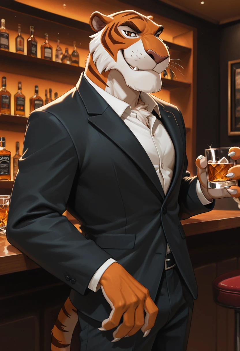 masterpiece, high detailed skin, best quality, high res, very aesthetic, eleptorstyle,
(solo),
(shere_khan:1.4, male anthro tiger), fangs, claws, brown eyes. tail, talespin, (male:1.4),
<lora:Shere_Khan_Talespin:0.6>
night club, at the bar,
wearing a black suit, arrogant smirk, holding a whiskey glass,
<lora:noobXL-realistic-V2.1:0.4>
<lora:KFT_Furropean_Extreme_IL:0.2>
<lora:afkJourneyIllustrious2:0.2>
<lora:Smooth_Booster_v3:0.2>