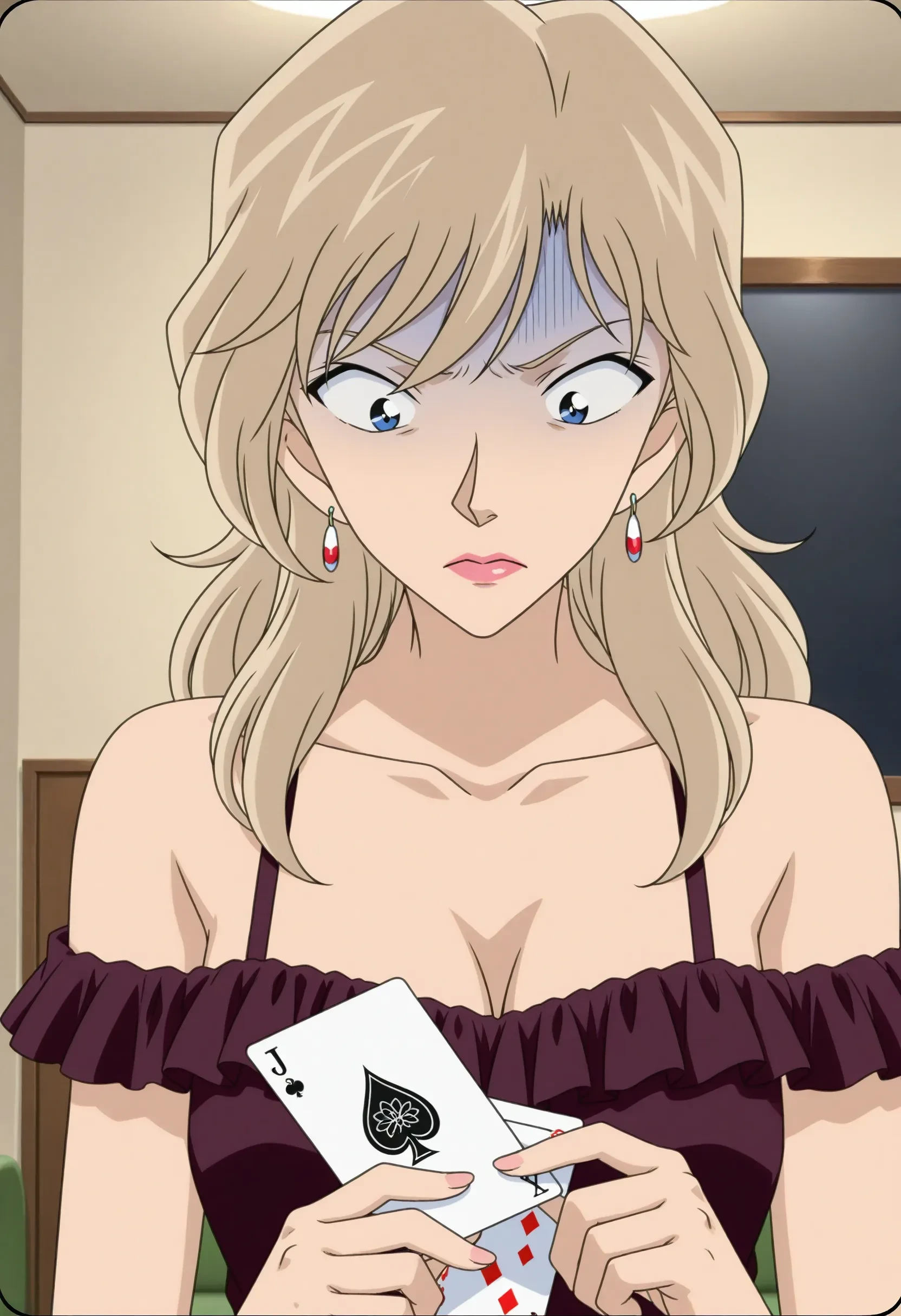 1girl,solo,masterpiece,best quality,anime screenshot, anime coloring, (meitantei conan:0.4),
<lora:akimoto_saeko_conan_v1_IL:1>,akimoto saeko,light blonde hair,long hair,tsurime,collarbone, wavy hair,bare shoulders,dark purple dress, frilled dress,two-tone earrings,cleavage,
upper body, playing card, looking at object, closed mouth, straight-on, looking down, wide-eyed, constricted pupils,living room,v-shaped eyebrows, frown, raised eyebrow,holding, <lora:NoobV065sHyperDmd:1>,old maid,turn pale,(joker (playing card):1.3)