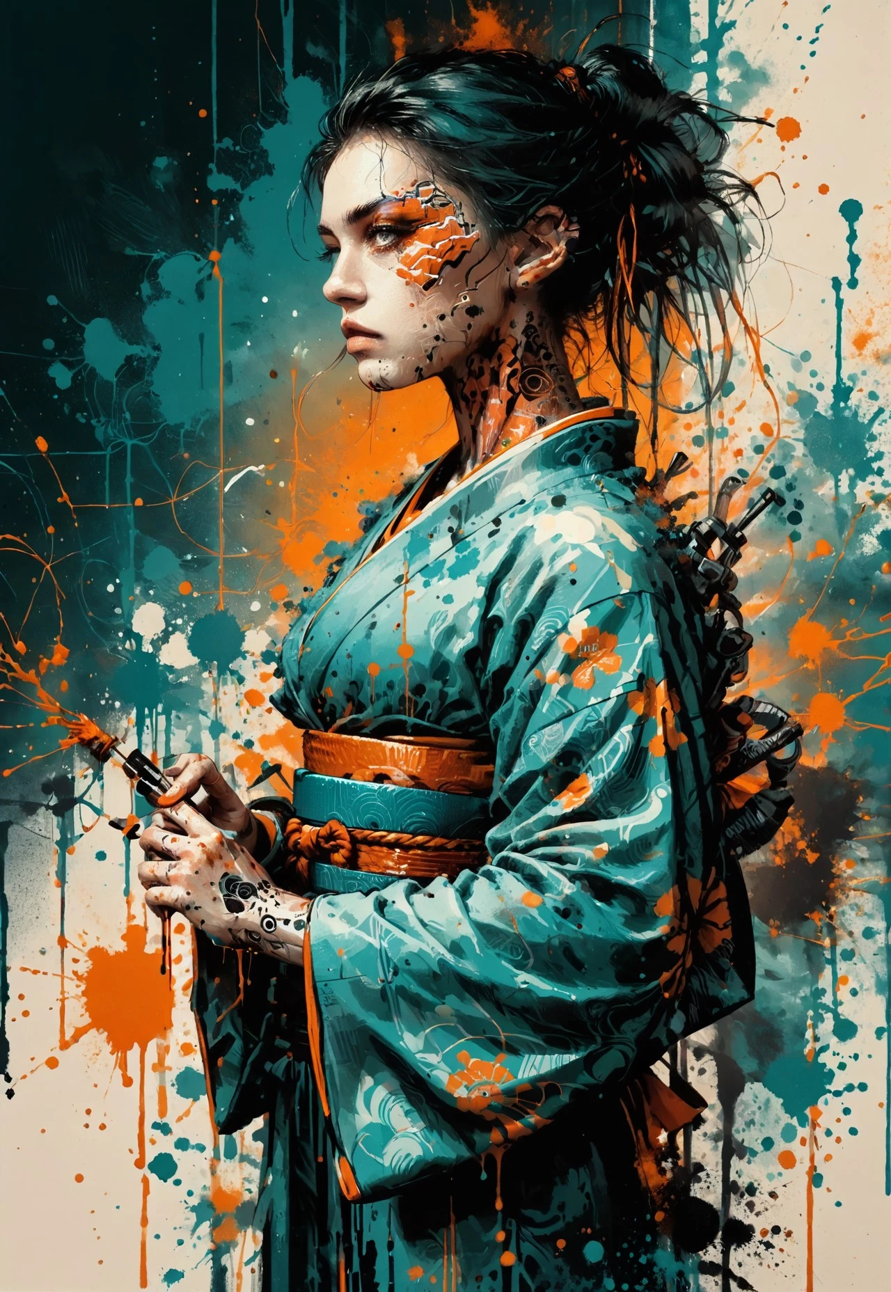 score_9, score_8_up, score_7_up, ink-painting, ink wash, ink wash painting, cinematic photo, dramatic lighting, dynamic pose, woman in kimono, cyberpunk, yellow_sun, teal background,
