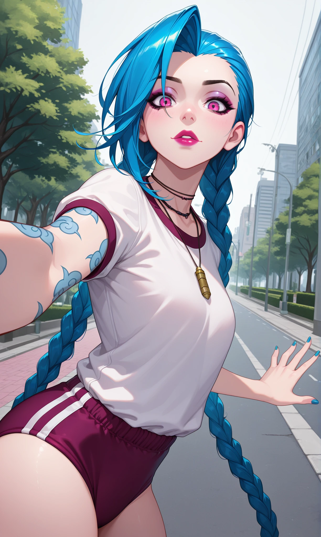 1girl, solo, masterpiece, best quality, amazing quality, street, looking at viewer, <lora:jinx_lol_illust_scarxzys:1>, jinx (league of legends), twin braids, blue hair, asymmetrical bangs, makeup, lips, braid, jewelry, very long hair, necklace, lipstick, nail polish, white shirt, short sleeves, buruma, road, park, from side, from below, reaching out