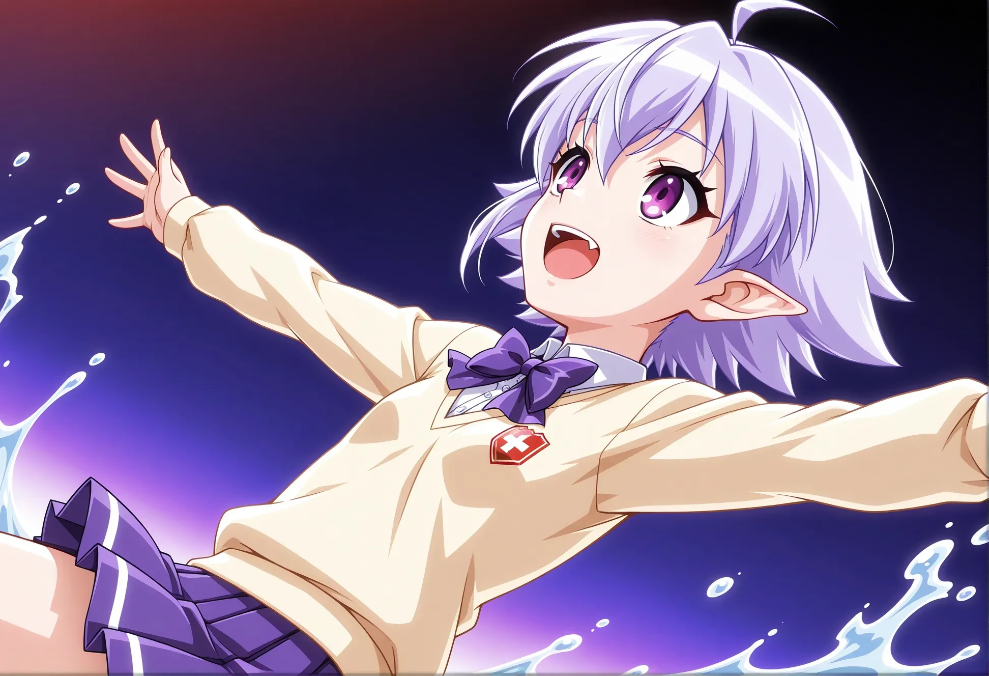 <lora:dmd2_sdxl_4step:0.9>,<lora:reduce_wrinkles_illustrious_v1.2:1.5>,safe,best quality,very aesthetic,absurdres,newest,masterpiece,1girl,solo,highres,looking up, splashing, spread arms, water drop, partially submarged,,from side, ,boredom,,open eyes ,<lora:il-magihallo-dorakiyura:0.85>,magical halloween,dorakiyura,purple hair,short hair,ahoge,hair between eyes,purple eyes,pointy ears,fang,flat chest,aged down,school uniform,collared shirt,sweater,pleated skirt,bowtie,