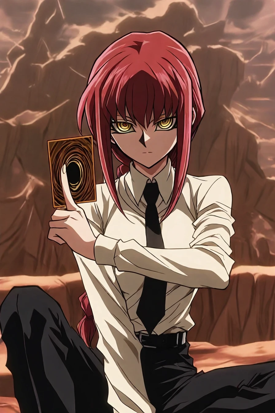 makima, red hair, long hair, yellow eyes, ringed eyes, braid, white collared shirt,black necktie, black pants, 1girl, solo, alone, holding card, card,  <lora:yu_gi_oh_style_illustriousXL-000015:1>, yugioh_style, masterpiece, highres