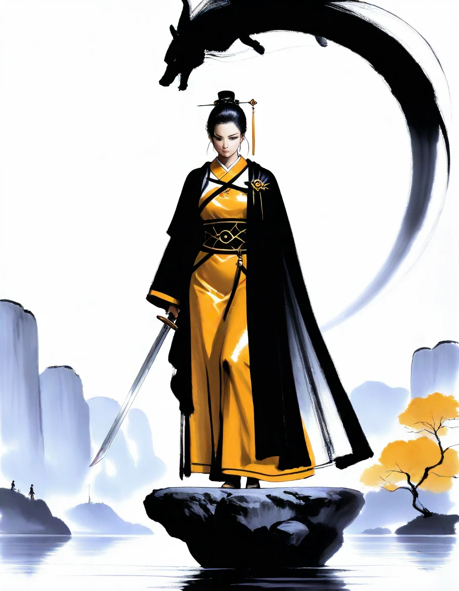 masterpiece, best_quality, very_aesthetic, highres, absurdres, ultra detailed,
<lora:negXL:0.5>
éå, chen uen, traditional media, realistic,partially colored, negative space, Ink painting, chinese aesthetic, <lora:Chen_Uen_IL_MIX_V03:1>
kesa giri mid-slash position, last man standing on bridge, cloak billowing behind with sword raised
two-tone background,