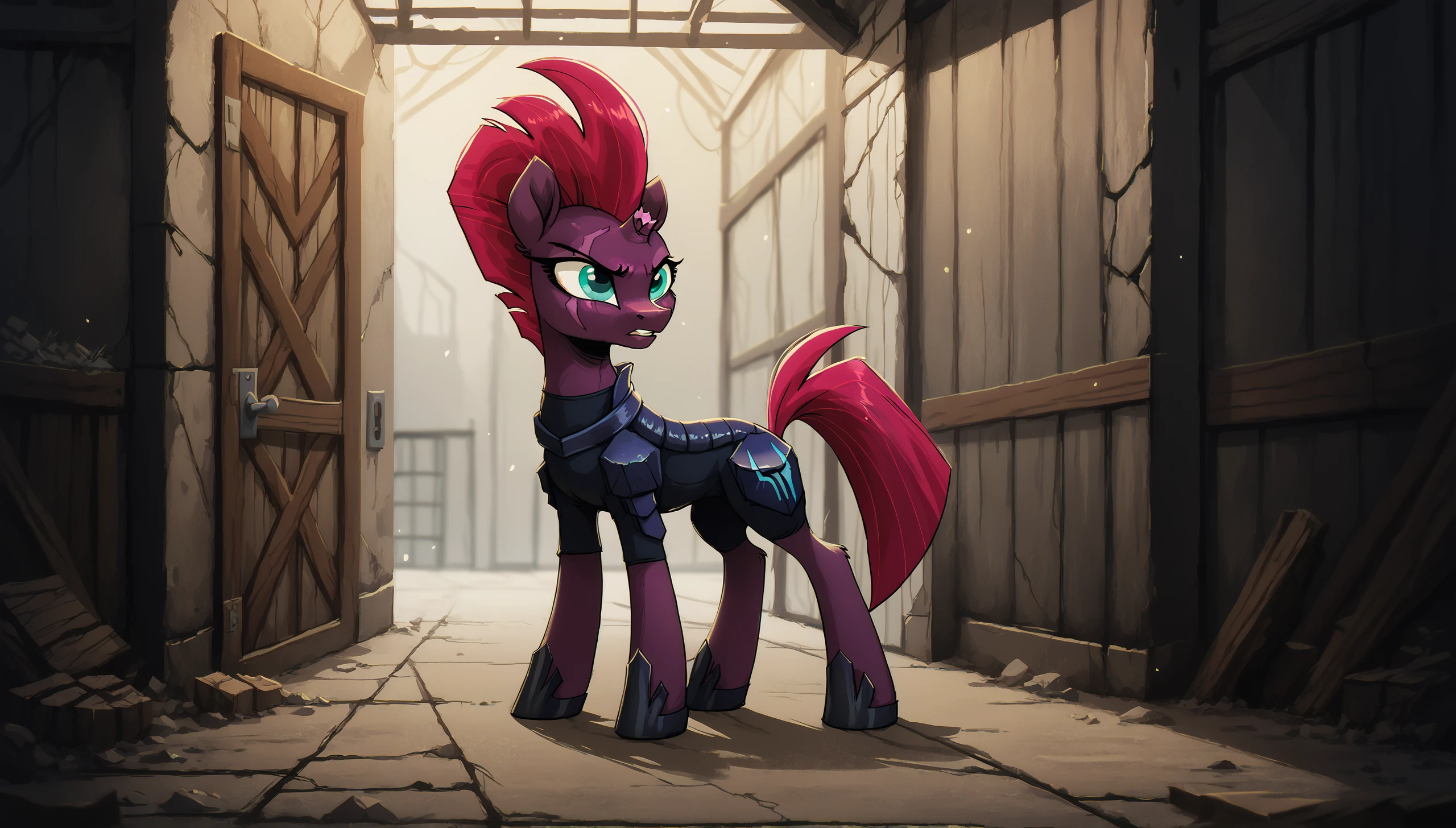 score_9, score_8_up, score_7_up, score_6_up, score_5_up,
<lora:aqw_Tempest_Shadow-000010:1> aqw Tempest Shadow inside abandoned garage, solo, pony, stands in doorway,
<lora:Thems_Fightin_Herds:0.5> <lora:FRG pony:0.4> <lora:3D_Animation_Diffusion_Pony_style:0.3> <lora:Wholesome-MLP-v1.3b:0.7>