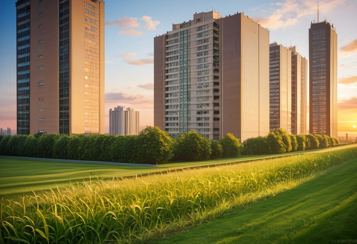 (Score_9_up, score_8_up, score_7_up, masterpiece, newest, best quality, highly detailed, very awa, very aesthetic, ultra detailed, realistic), hyperrealistic, (UHD quality details), bruhousing, building, no humans, wide shot, scenery, tower_block, grass, bare tree, outdoors, sunset, depth of field, 8k uhd, absurdres, volumetric lighting, tack sharp focus, beautiful composition, intricate detail, professional illustration