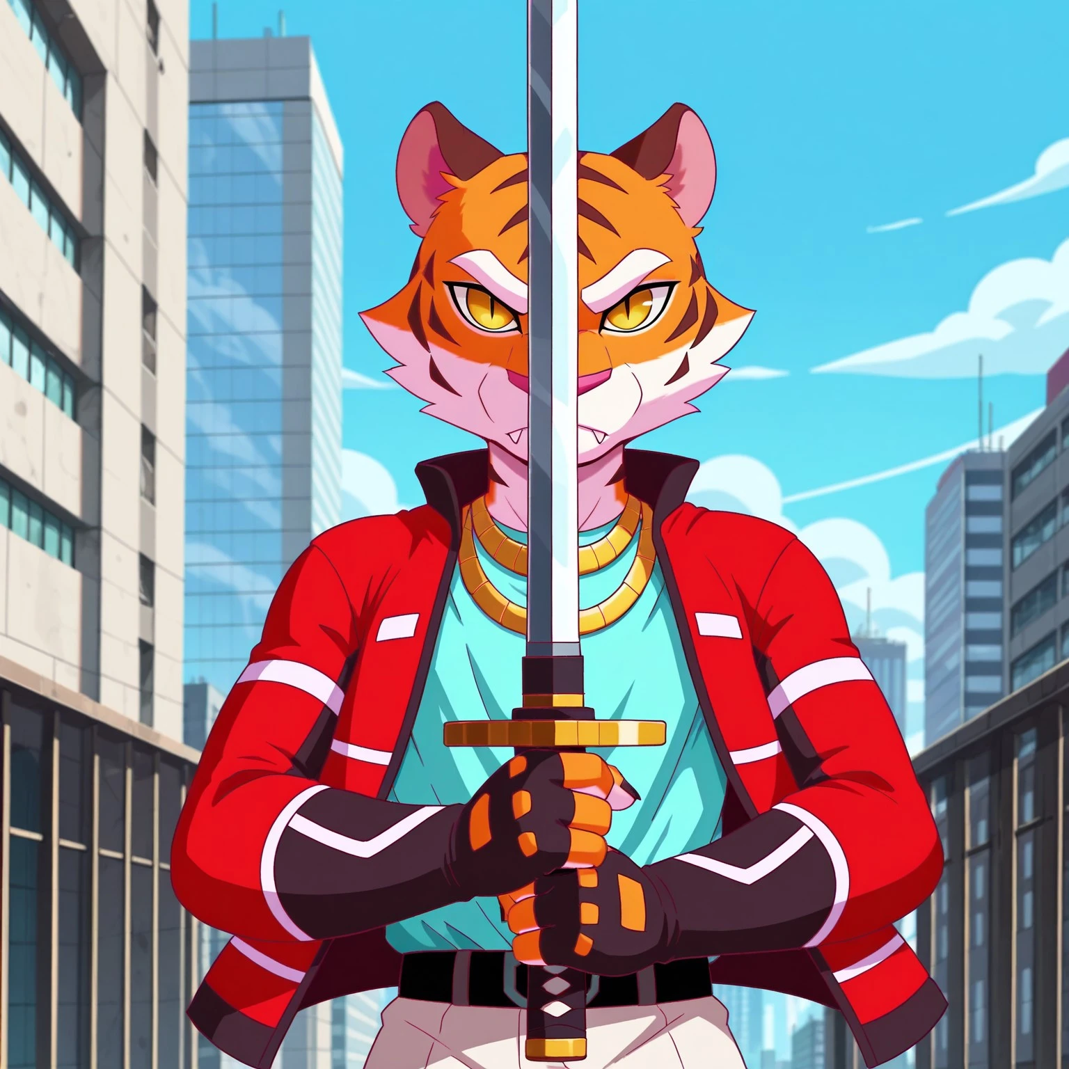 8k, uncensored, masterpiece, best quality, highly detailed, cartoon, 1girl, solo, SableFF, furry female, anthro, felid, tiger, pink inner ear, cheek tuft, white eyebrows, yellow eyes, black pupils, slit pupils, pink nose, orange fur, flat chested, red and black jacket, multicolored jacket, light-blue shirt, black fingerless gloves, black belt, shirt tucked in, white pants, (standing, blue sky, afternoon, top of building, city with white buildings, front view, detailed background, (4 fingers, black nails), ((looking at viewer)), serious look, fangs, closed mouth, holding sword, orange fingers, white inner palms, gold necklace, swordup, close-up, holding sword