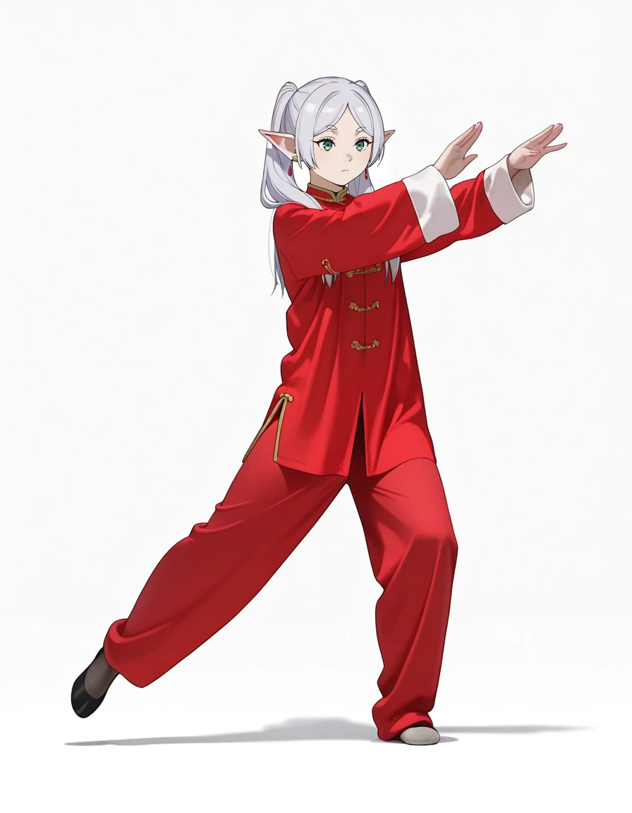 masterpiece,best quality,amazing quality,very aesthetic,high resolution,ultra detailed,perfect details,
simple background,white background,
1girl,solo,full body,chinese clothes,<lora:mai_pose_kf_1:1>,mai_pose_kf_1,fighting_stance,
<lora:Frieren_v1.0_illustrious:1>,frieren,black pantyhose,standing_on_one_leg,fighting_stance,realistic,red_pants,amputee,what,
