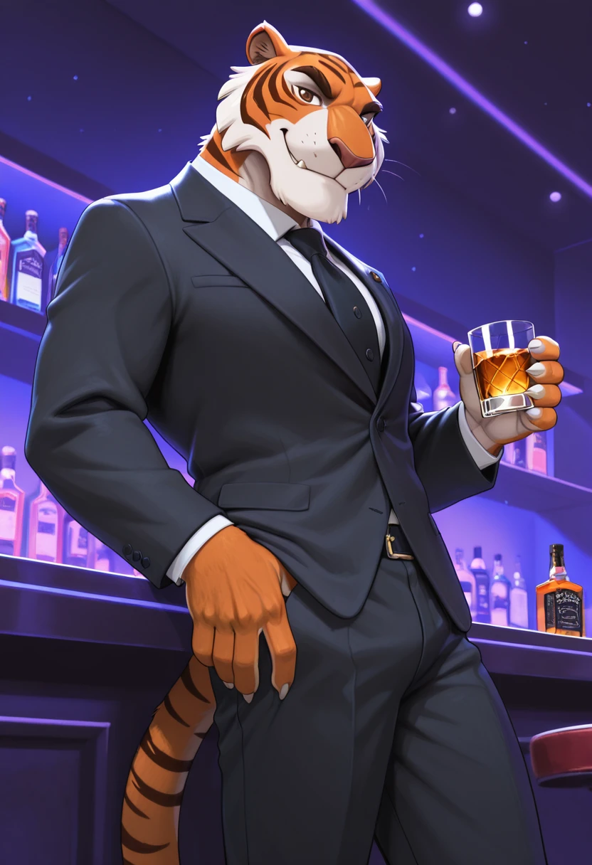 masterpiece, high detailed skin, best quality, high res, very aesthetic, eleptorstyle,
(solo),
(shere_khan:1.4, male anthro tiger), fangs, claws, brown eyes. tail, talespin, (male:1.4),
 <lora:Shere_Khan_Talespin:0.6>
night club, at the bar,
wearing a black suit, arrogant smirk, holding a whiskey glass,
<lora:noobXL-realistic-V2.1:0.4>
<lora:KFT_Furropean_Extreme_IL:0.2>
<lora:afkJourneyIllustrious2:0.2>
<lora:Smooth_Booster_v3:0.2>