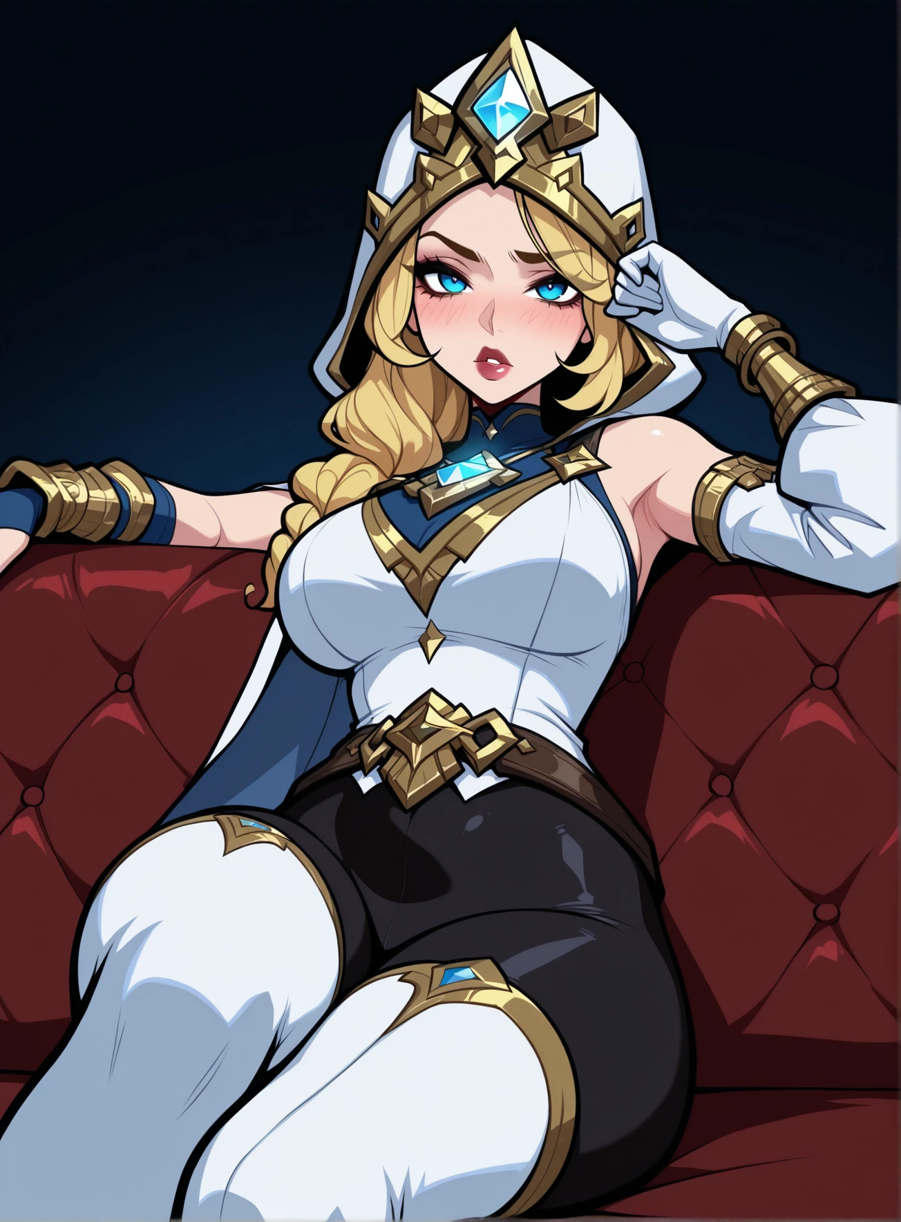 masterpiece, best quality, amazing quality, absurdres,
, , , , , hot, <lora:Freljord Ashe-e100_s1000:1> Freljord_Ashe, blonde hair, blue eyes, white hooded cloak, gold trim, golden crown, white and gold , single sleeve, golden arm guards, black pantyhose, white gloves, gold bracelets, blue tattos, white thigh-high boots,, dynamic , , , look at viewer, on sofa, <lora:necrodancerStyle_illustrious_byJaneB:1.2> necrodancerStyle