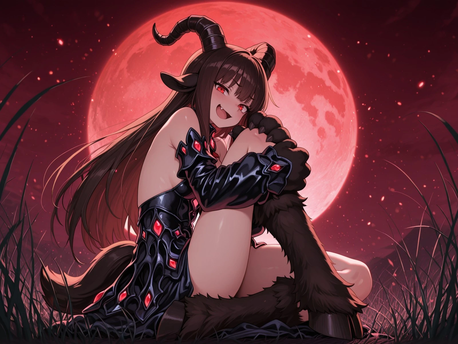 masterpiece, best quality, amazing quality, 1girl, perfect face, red eyes, Baphomet, segmented horns, animal-ears_side, horn-direction_back, brown hair, animal hands, animal tail, leg-fur_kneehigh, hooves, elaborate clothing, sleeves, fang, sitting, one knee to chest, sitting in field, [dark grass, black treeline, red sky, red moon], looking at viewer, glowing pink particles, regal theme <lora:MGE_V6_1_IL_Final_R1:1.0>