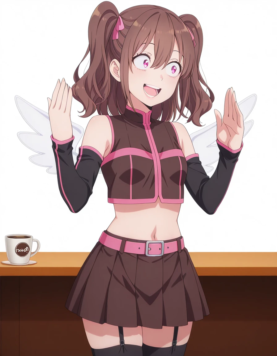 masterpiece, best quality, amazing quality,, <lora:mikari-tachibana-s1-illustriousxl-lora-nochekaiser:1>, mikari tachibana, brown hair, twintails, hair ribbon, two side up, pink eyes, mature female, small breasts, anime screencap, skirt, shirt, thighhighs, pleated skirt, detached sleeves, wings, sleeveless, midriff, belt, black thighhighs, miniskirt, black skirt, zettai ryouiki, crop top, two side up, garter straps, black sleeves, pink belt, <lora:you-dense-mf-illustriousxl-lora-nochekaiser:1>, you dense mf, solo, smile, teeth, meme, hands up, wide-eyed, looking to the side, open mouth, cafe, coffee, table, chairs, casual, cowboy shot, solo, looking at viewer, <lora:transparent-background-illustriousxl-lora-nochekaiser:1>, transparent background, simple background, white background