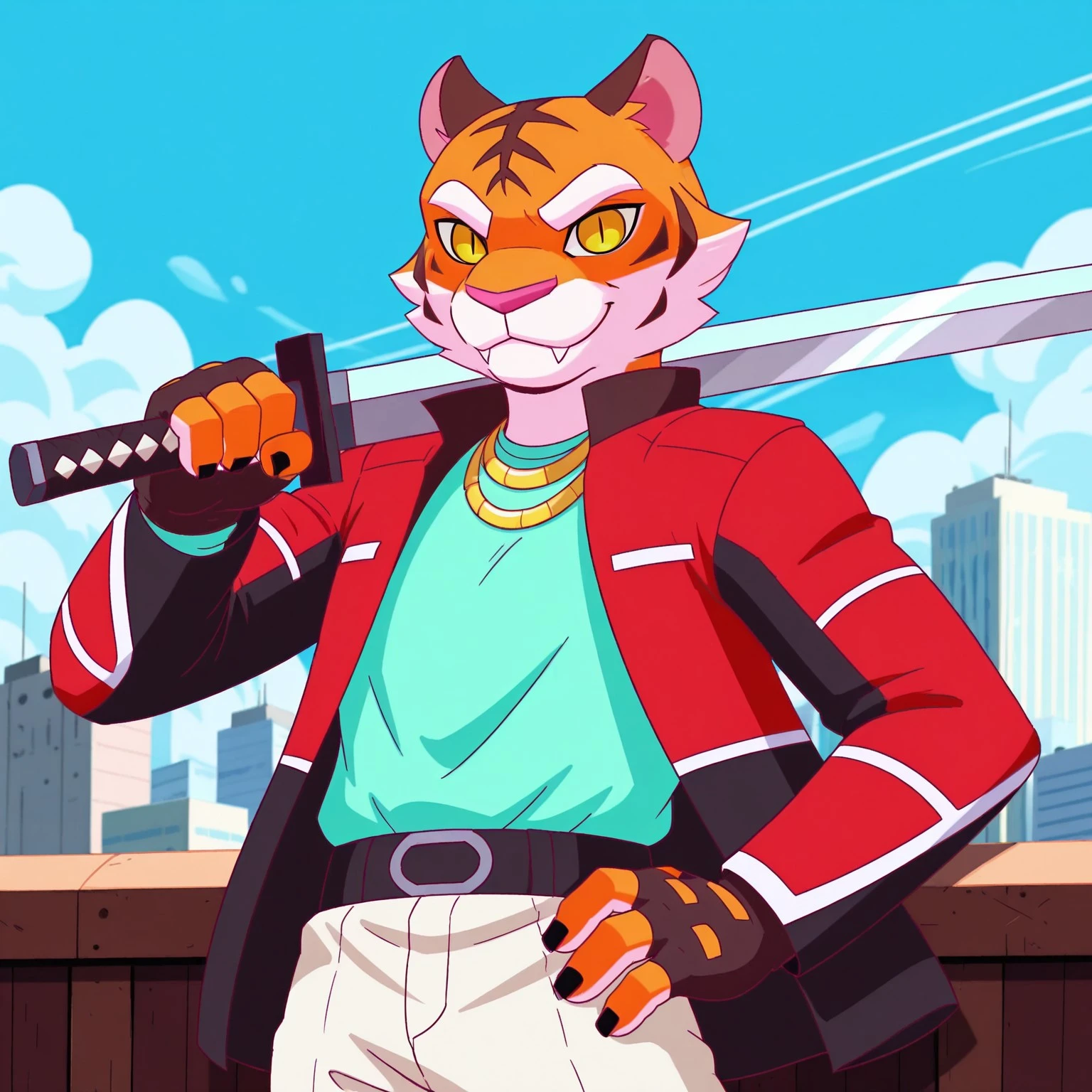 8k, uncensored, masterpiece, best quality, highly detailed, cartoon, 1girl, solo, SableFF, furry female, anthro, felid, tiger, pink inner ear, cheek tuft, white eyebrows, yellow eyes, black pupils, slit pupils, pink nose, orange fur, , red and black jacket, multicolored jacket, light-blue shirt, black fingerless gloves, black belt, shirt tucked in, white pants, (standing, blue sky, afternoon, top of building, city with white buildings, front view, detailed background, (4 fingers, black nails), ((looking at viewer)), smile, fangs, closed mouth, holding sword, sword resting on shoulder, hand on hip, orange fingers, white inner palms, gold necklace