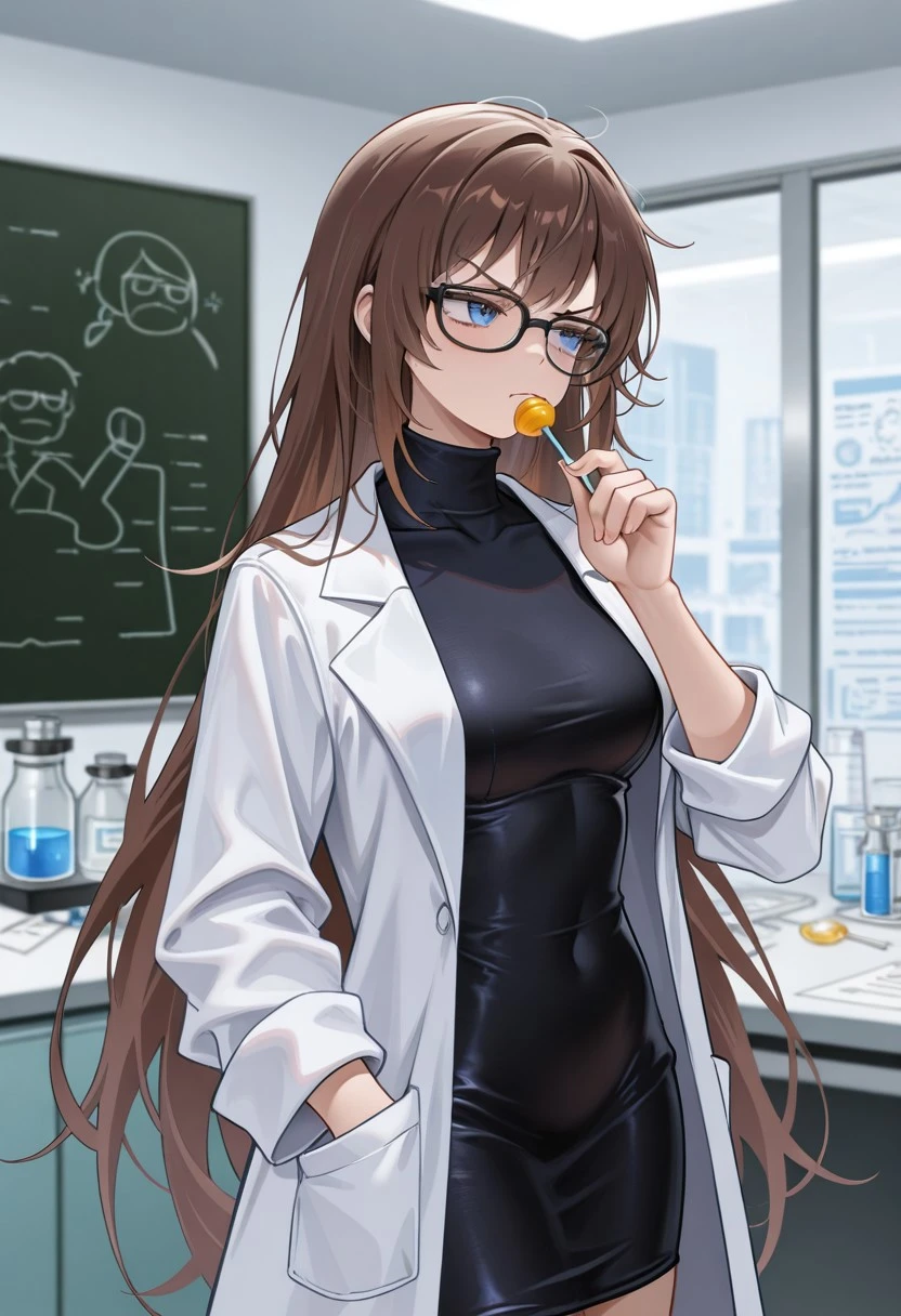 moonface, best result, solo, 1girl, indoors, blue eyes, brown hair, glasses, very long hair, black-framed eyewear, tube dress, collarbone, lab coat, turtleneck, annoyed, holding lollipop, looking away