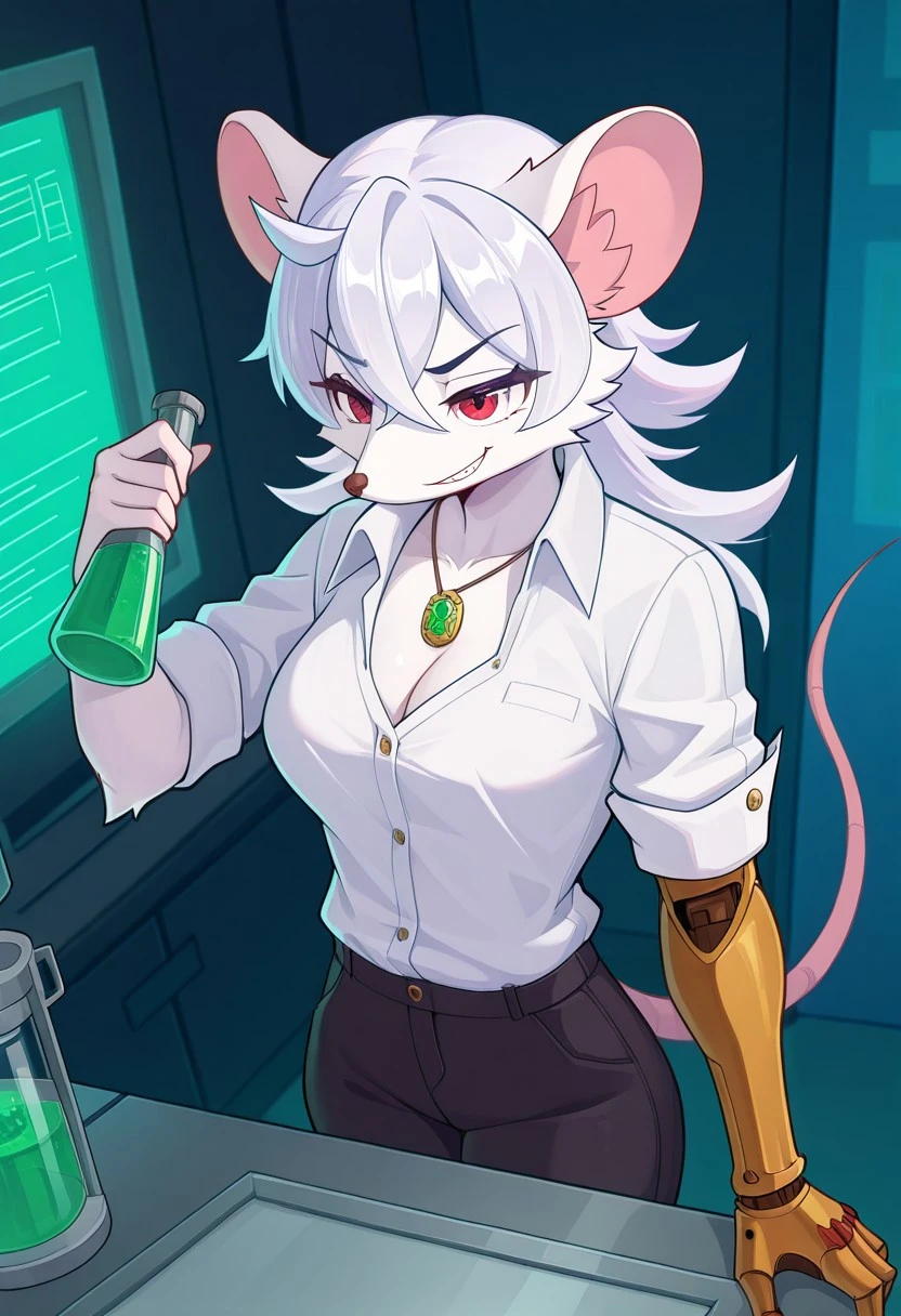 SkyKainIChooseYou, 1 girl, rat girl, anthro, solo, IkitSkKain, red eyes, IkitEars, IkitTail, IkitMetalLeft Arm, white fur, IkitHair, IkitEars, ChampagnePinkNoseIkit, , cleavage, white shirt, amulet with green stone, black pants, cleavage, smirk, mixing potions, indoors, laboratory,
SkyKainIChooseYou,
masterpiece, best quality, newest, absurdres, highres, ,amazing quality, (masterwork, masterpiece, best quality, hyper-detailed, 8k uhd::1.4),,high resolution,ultra-detailed,,, masterpiece, best quality, very aesthetic, detailed eyes, perfect eyes, realistic eyes,