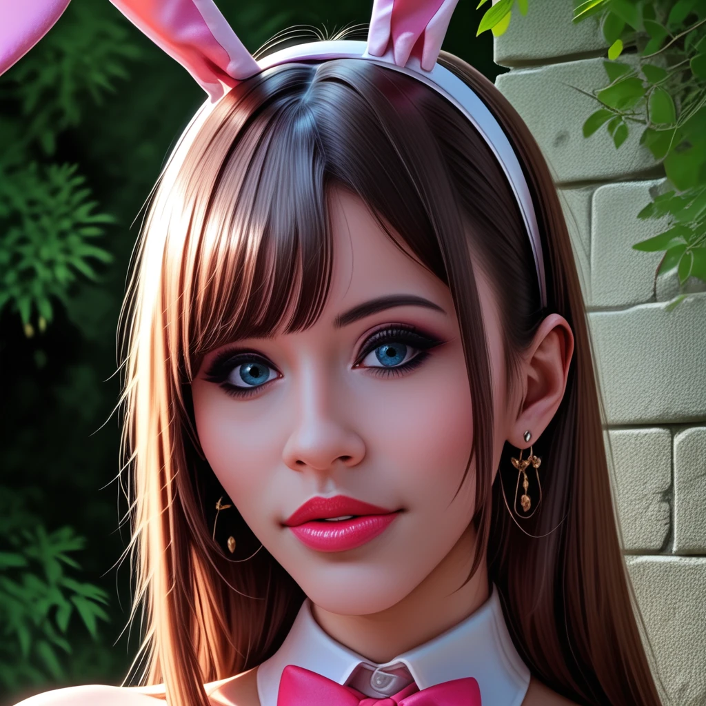 my_character_face. The image is a hyper-realistic digital painting of a young woman with a serene and confident expression. She has a light to medium skin tone, keeping the focus on her. The lighting is natural, adding a bold pop of color.   She is wearing a casual, with bangs that frame her face and fall slightly to the side. She wears a white headband adorned with pink bunny ears, styled in a high, showing the rough, full lips painted with a bold red lipstick, likely taken in a controlled studio setting, natural pink lipstick, and a slight smile. Her dark, including bold, which is barely visible, giving her a sultry look. Her full lips are painted with a bold, winged eyeliner and mascara. The overall style is highly realistic, my_character_face. The image is a high-resolution photograph of a young woman with a warm, piercing green, with a subtle gradient effect giving it a glossy finish. Her eyes are a captivating shade of bright blue, green foliage and a stone wall, warm brown, framing her face beautifully.  Her lips are full and painted with a soft, golden light that filters through. The lighting on her face is soft and even, enhancing her features. The overall style of the painting is photorealistic with a slight emphasis on detail and texture, hinting at a casual