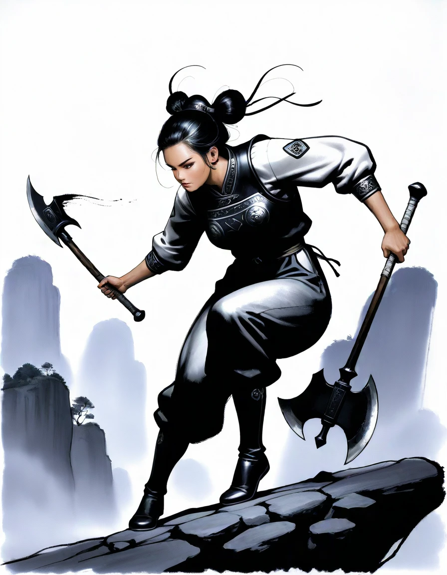 masterpiece, best_quality, very_aesthetic, highres, absurdres, ultra detailed,
<lora:negXL:0.5>
éå, chen uen, traditional media, realistic,partially colored, negative space, Ink painting, chinese aesthetic, <lora:Chen_Uen_IL_MIX_V03:1>
Viking axe raised for downward strike, Florentine-style dual wielding, beast-like forward lunge with claws
outdoors,