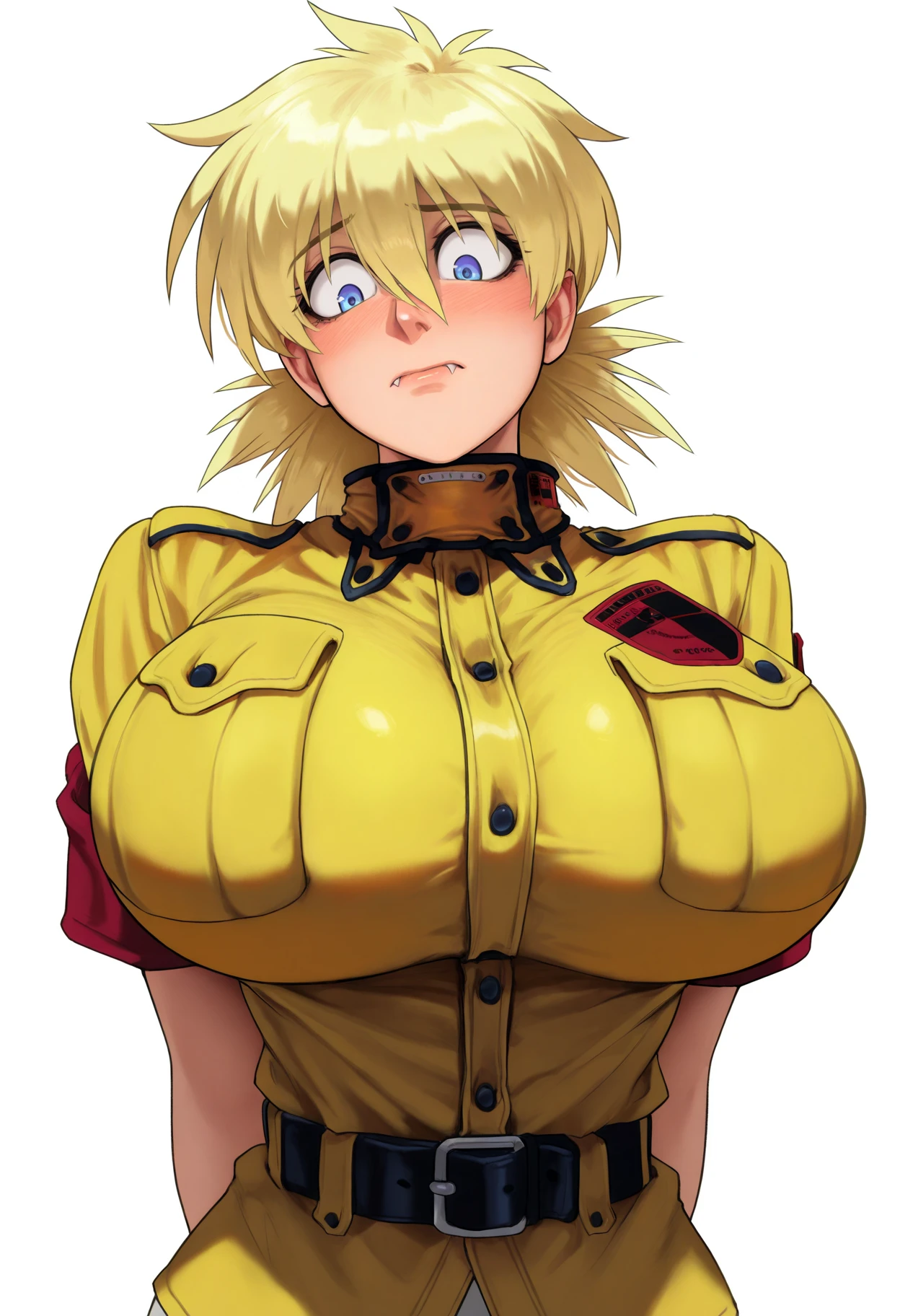 best quality, amazing quality, very aesthetic, absurdres,
1girl, seras victoria, upper body, vampire, fangs, shy, standing, looking down, huge breasts, blue eyes, yellow uniform,
blonde hair, leaning back,
(simple background, white background), <lora:SerasVictoriaNoobXL_byKonan:1>, <lora:Eu03Noob_byKonan:1>