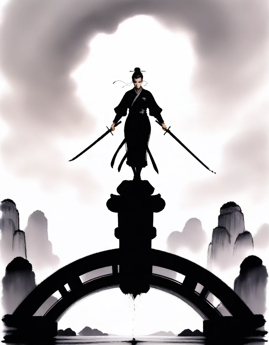 masterpiece, best_quality, very_aesthetic, highres, absurdres, ultra detailed,
<lora:negXL:0.5>
éå, chen uen, traditional media, realistic,partially colored, negative space, Ink painting, chinese aesthetic, <lora:Chen_Uen_IL_MIX_V03:1>
jodan no kamae over-head ready stance, last man standing on bridge, dual blades crossed with sparks flying
simple background,