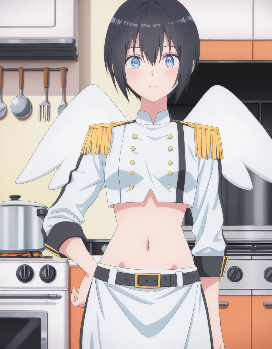 masterpiece, best quality, amazing quality,, <lora:dimensionalseduction-nonoa-s1-illustriousxl-lora-nochekaiser:1>, nonoa, short hair, blue eyes, black hair, mature female, small breasts, anime screencap, navel, wings, midriff, belt, crop top, epaulettes, v,, kitchen, stove, fridge, utensils, chef, cowboy shot, solo, looking at viewer,