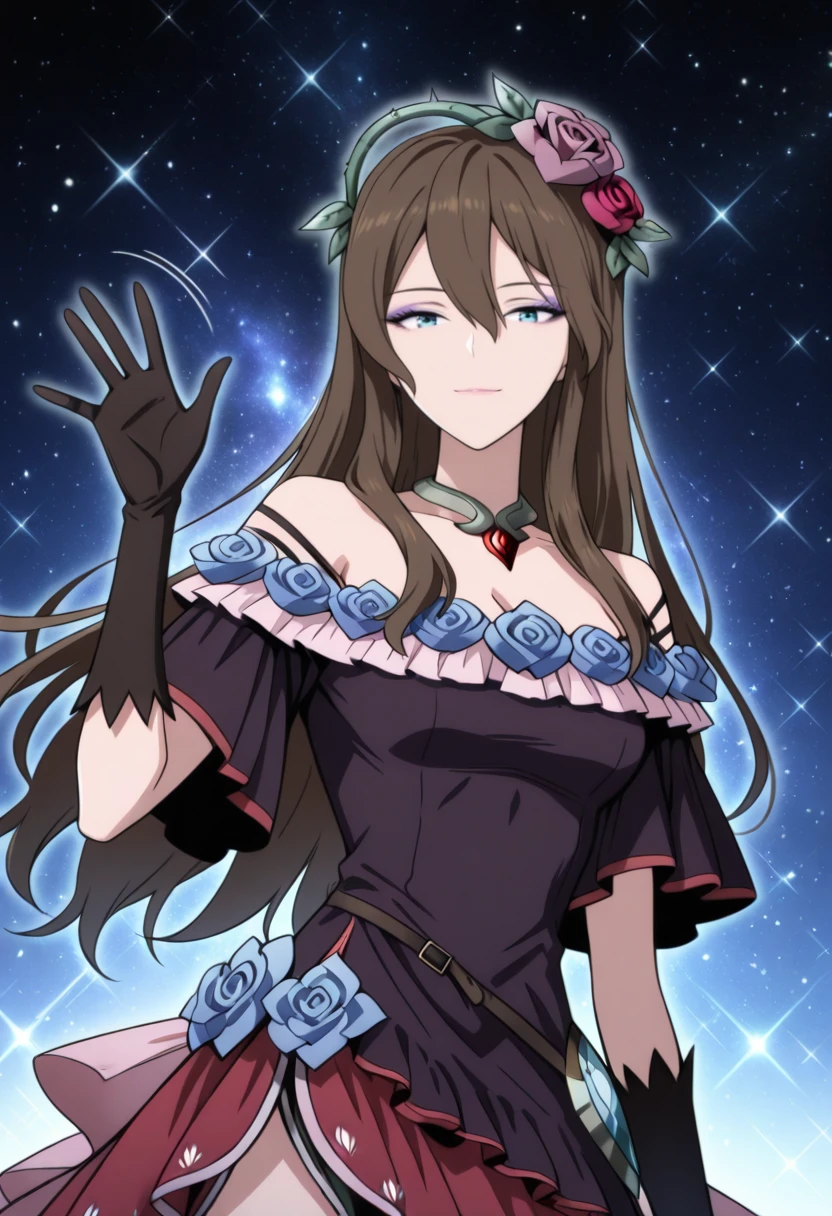 ,<lora:rosetta:1>,1girl,brown hair,blue eyes,hair between eyes,| hair ornament,floral ornament,rose headpiece,| eyeshadow,makeup,| black gloves,| asymmetrical dress,off-shoulder dress,fantasy gown,high-low skirt,rose petal skirt,rose accents,ribbon accents,floral dress,dark red dress,purple dress,(waving at viewer:1.3),galaxy background,light particles,light smile,cosmic background,portrait,no building,facing viewer