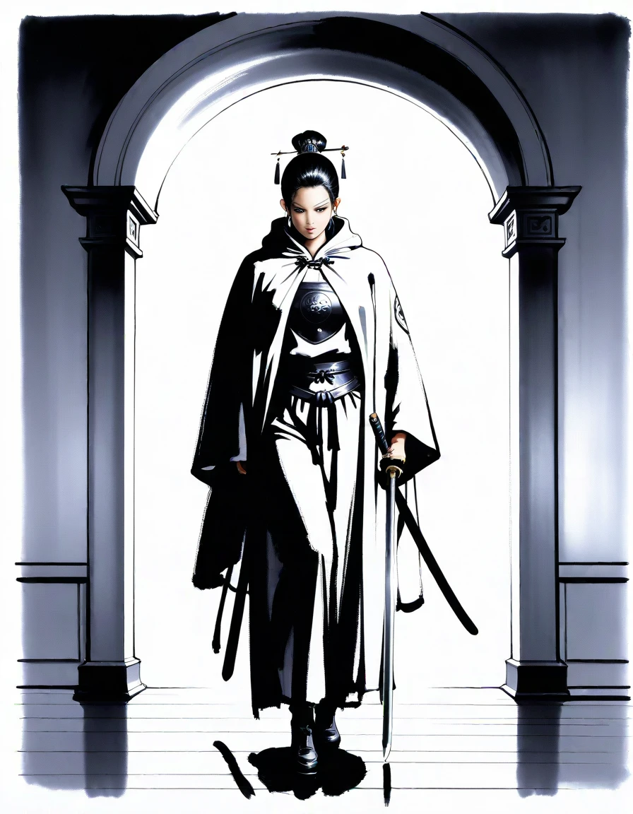 masterpiece, best_quality, very_aesthetic, highres, absurdres, ultra detailed,
<lora:negXL:0.5>
éå, chen uen, traditional media, realistic,partially colored, negative space, Ink painting, chinese aesthetic, <lora:Chen_Uen_IL_MIX_V03:1>
gedan no kamae low defense posture, final duel with bloodied pose, cloak billowing behind with sword raised
indoors,