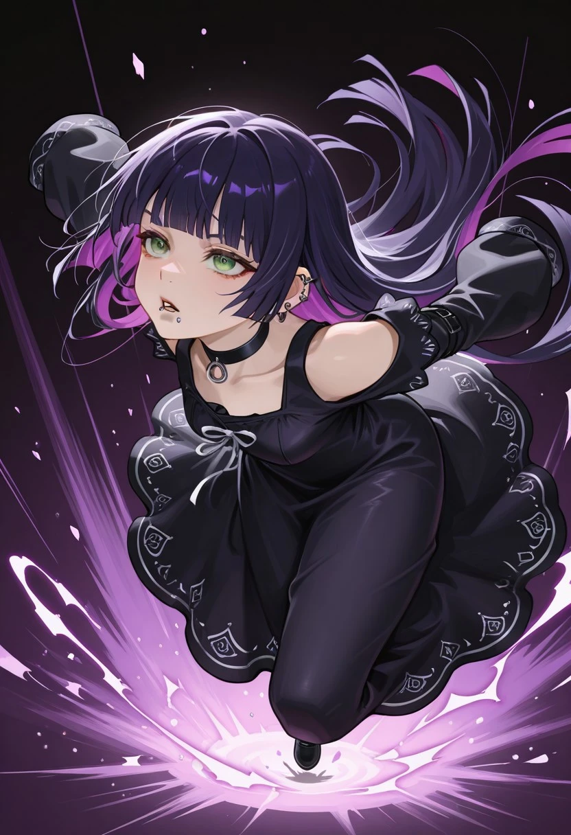moonface, foreshortening, dynamic pose, motion smear, attack, jumping, 1girl, ear piercing, lip piercing, chin piercing, colored inner hair, black hair, purple hair, hime cut, blunt ends, medium bangs, green eyes, long dress, black dress, shoulder cutout, sleeves past fingers, black choker, bare shoulders, black sleeves, choker, clothing cutout, detached sleeves, dress, gothic, shoulder cutout, sleeves past wrists, very long sleeves