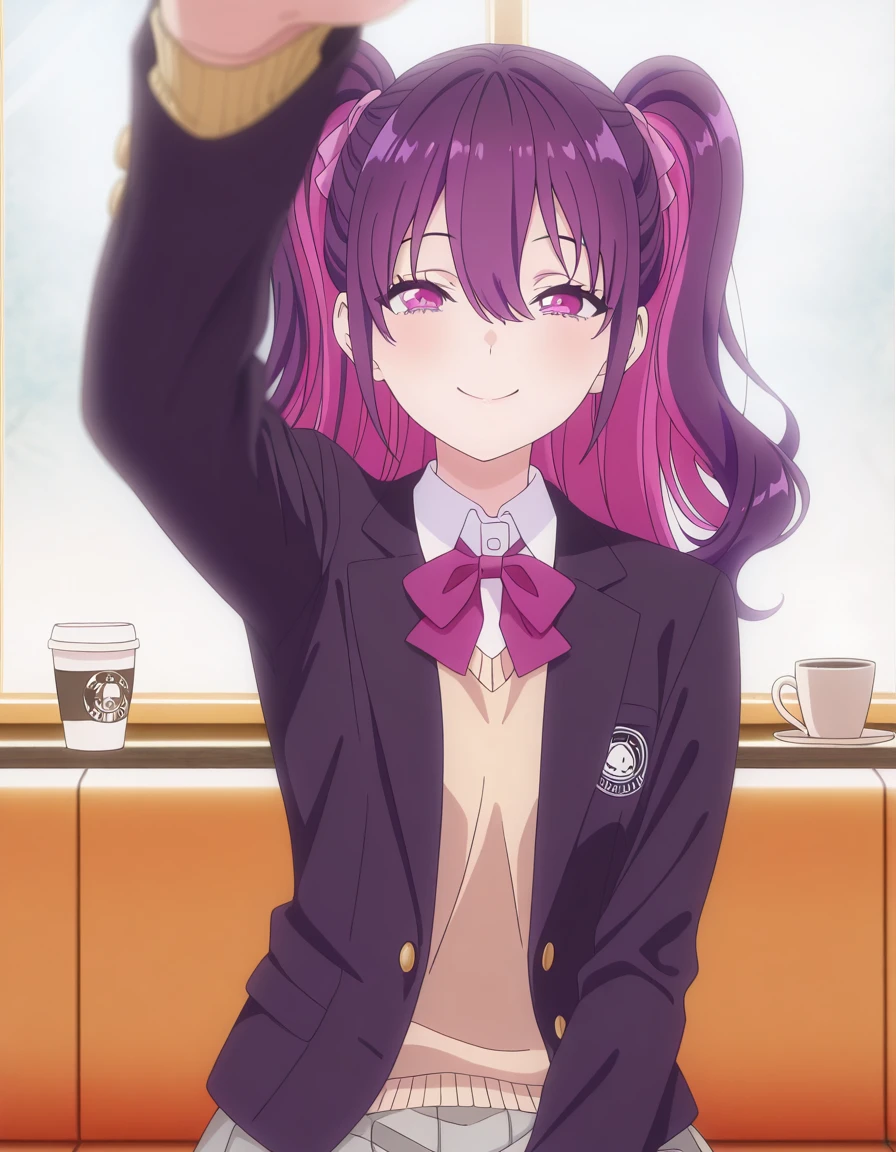 masterpiece, best quality, amazing quality,, <lora:mikari-tachibana-s1-illustriousxl-lora-nochekaiser:1>, mikari tachibana, long hair, bangs, hair between eyes, twintails, purple eyes, pink hair, purple hair, multicolored hair, two-tone hair, two side up, mature female, small breasts, anime screencap, skirt, bow, jacket, pleated skirt, blazer, grey skirt, black blazer, sweater vest, collared shirt,, <lora:incoming-headpat-illustriousxl-lora-nochekaiser:1>, incoming headpat, headpat, pov, outstretched arm, reaching, reaching towards viewer, looking at viewer, smile, upper body, cafe, coffee cup, barista, sitting down, talking, relaxing, sunlight through window, cowboy shot, solo, looking at viewer,